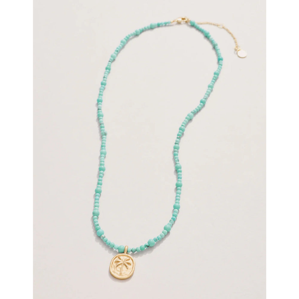 17-Inch Turquoise and Palm Tree Beaded Harmony Necklace in 18kt Matte Gold