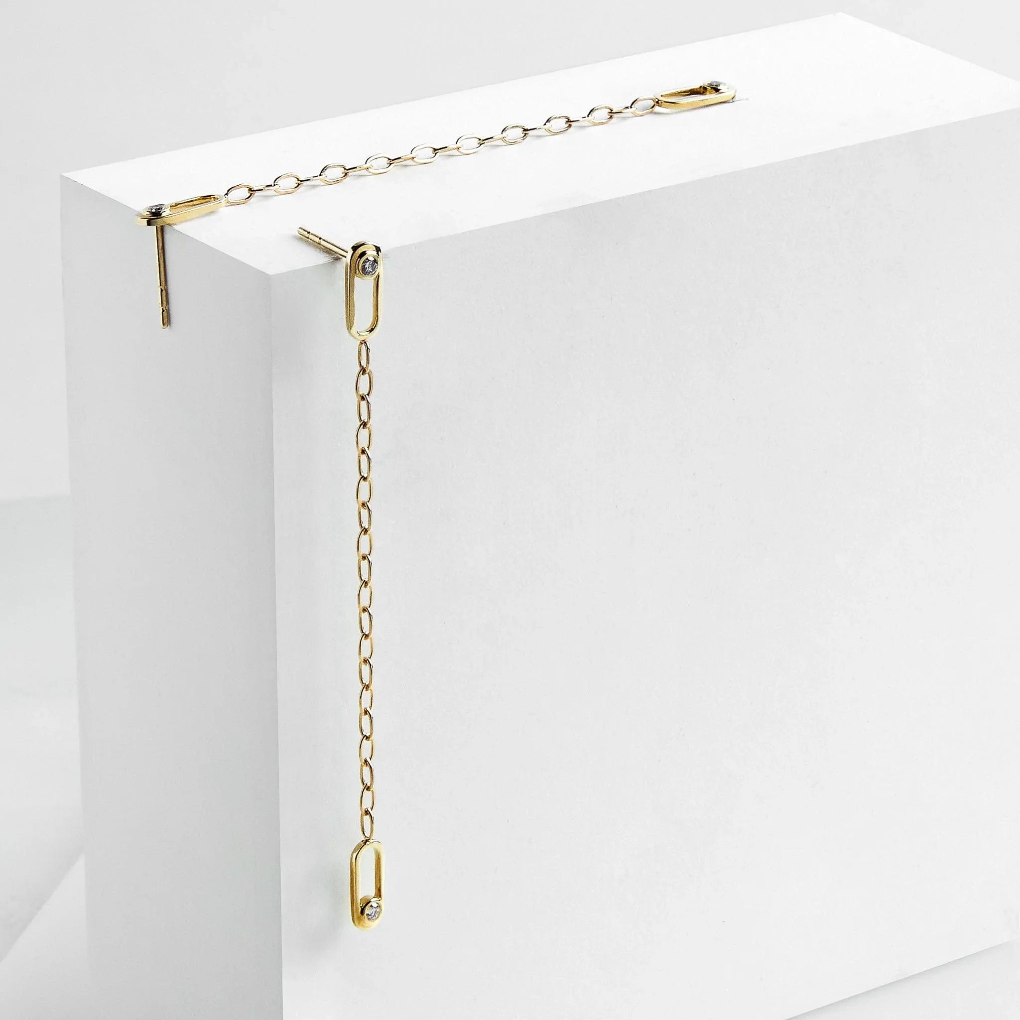 14k Yellow Gold Diamond Drop Stud Earrings with Chain Dangles