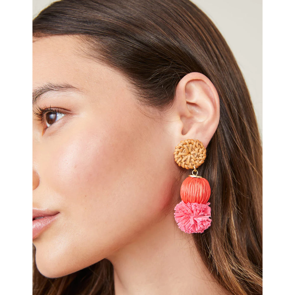 Red Spartina Handmade Straw Pom Pom Earrings for Tropical Style