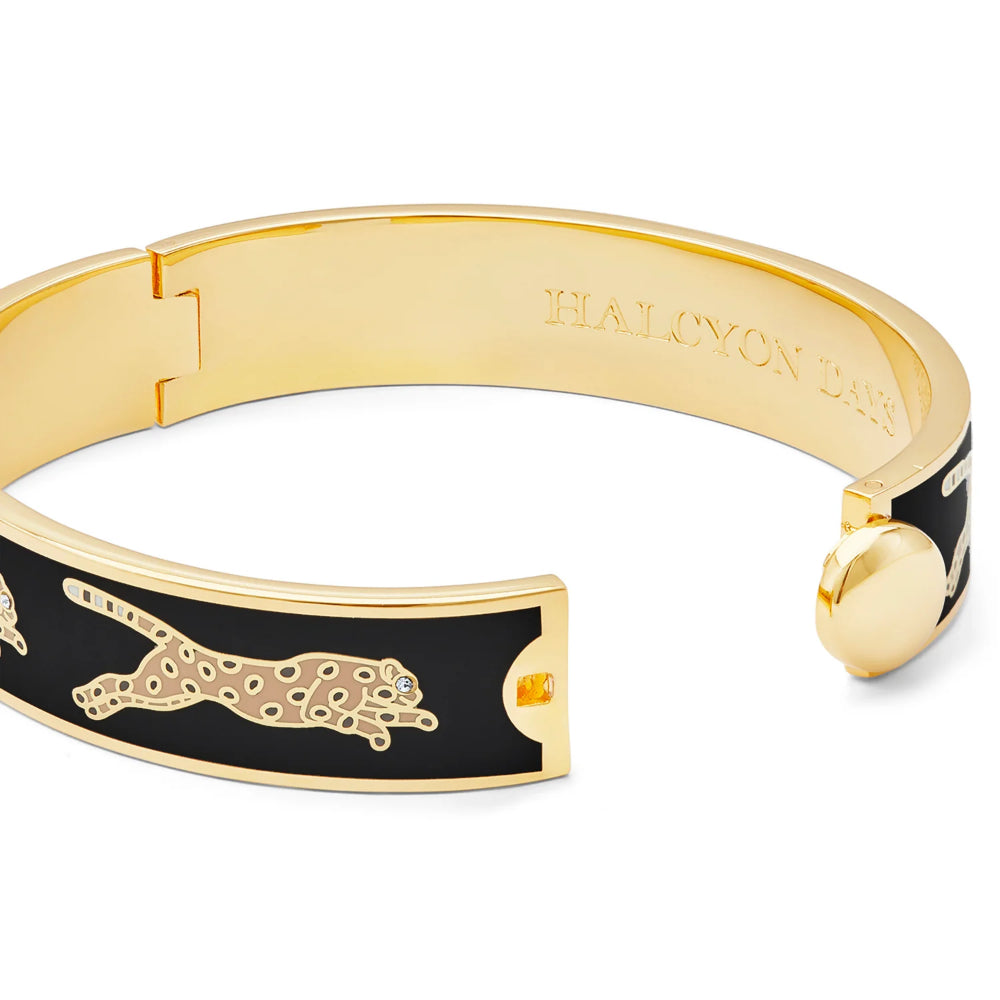 Halcyon Days Black and Gold Leopard Pattern 13mm Hinged Luxury Bangle Bracelet