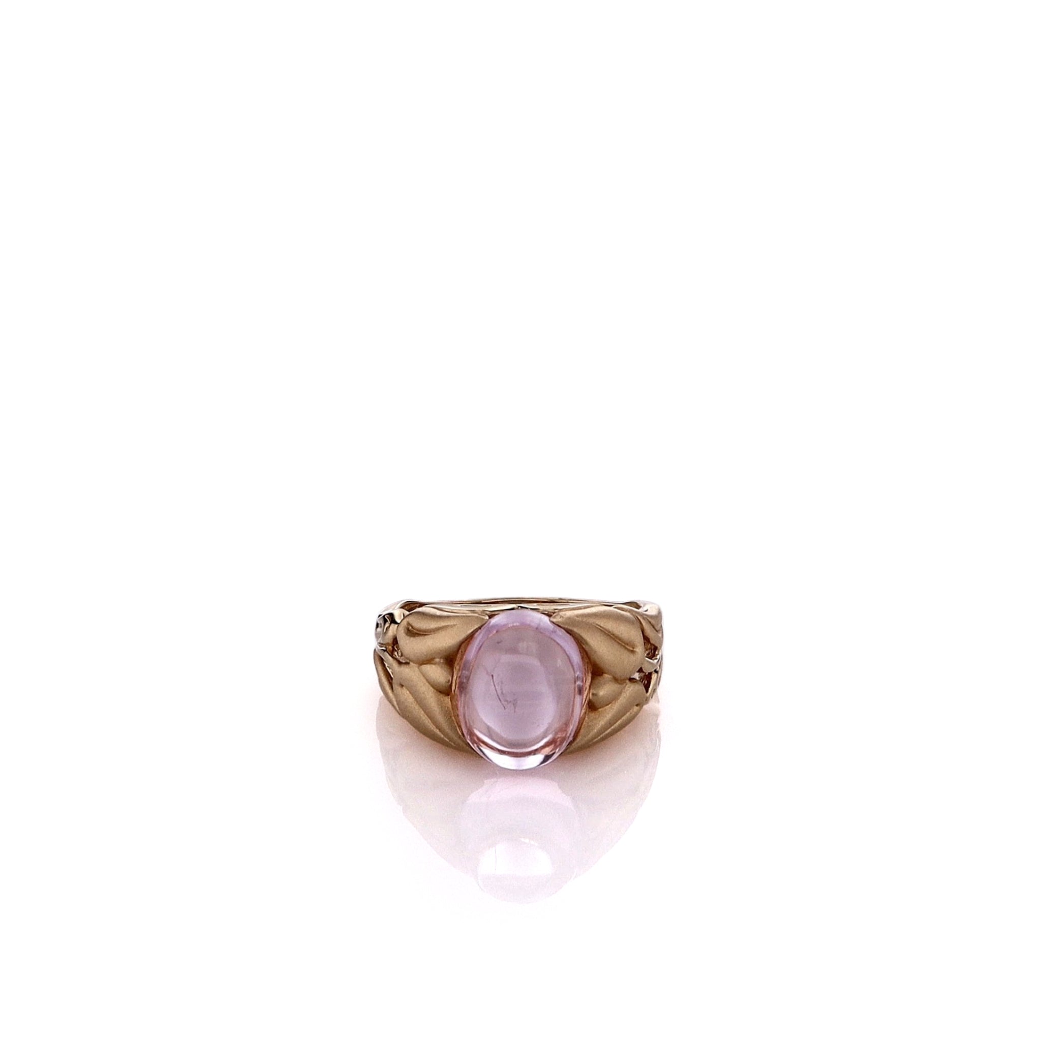 Elegant 14k Yellow Gold Floral Shank Design Pink Oval Cabochon Kunzite Engagement Ring