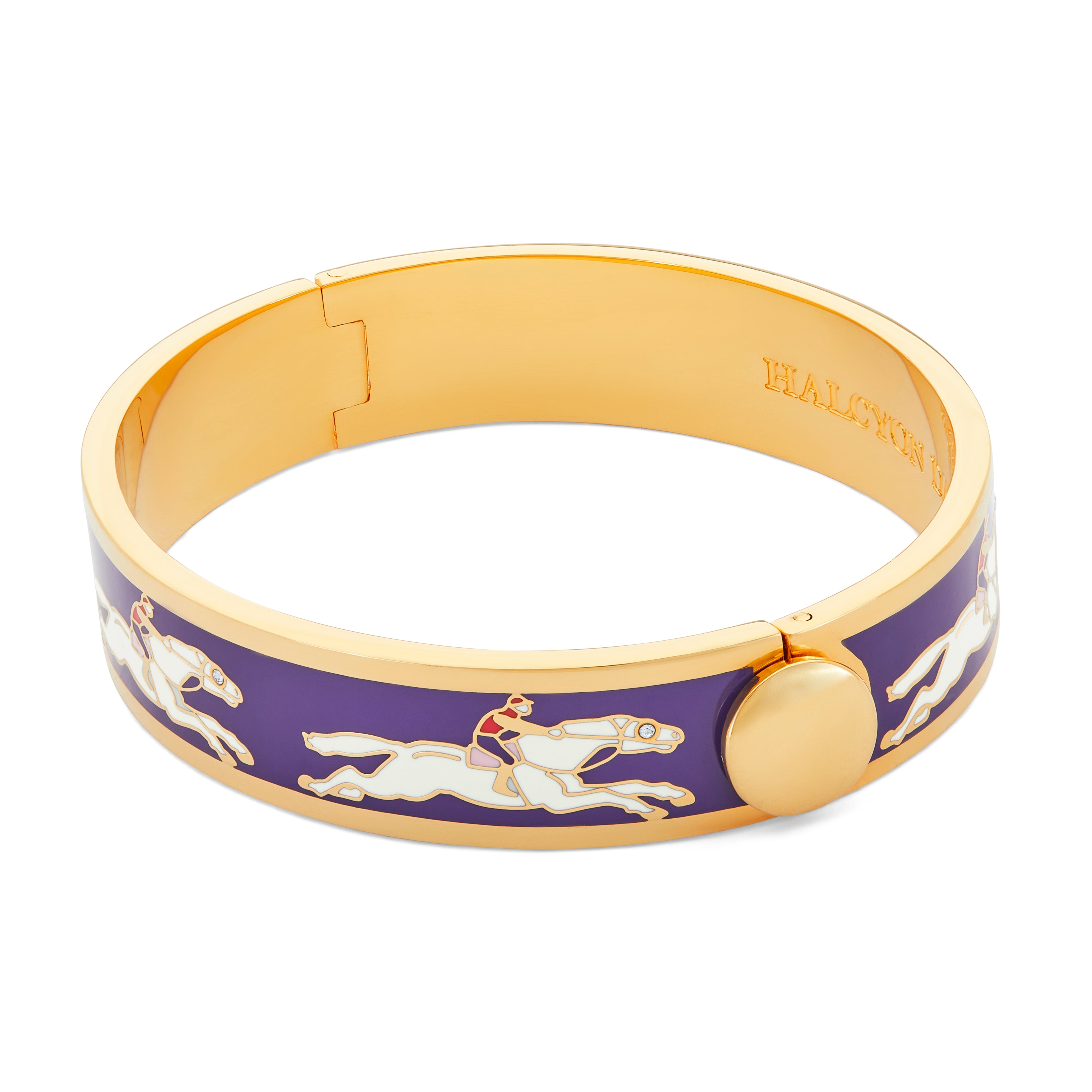 Halcyon Days 13mm Gold - Plated Hinged Enamel Bangle Featuring Race Horse Design, Ideal Jewelry for Equestrian Lovers