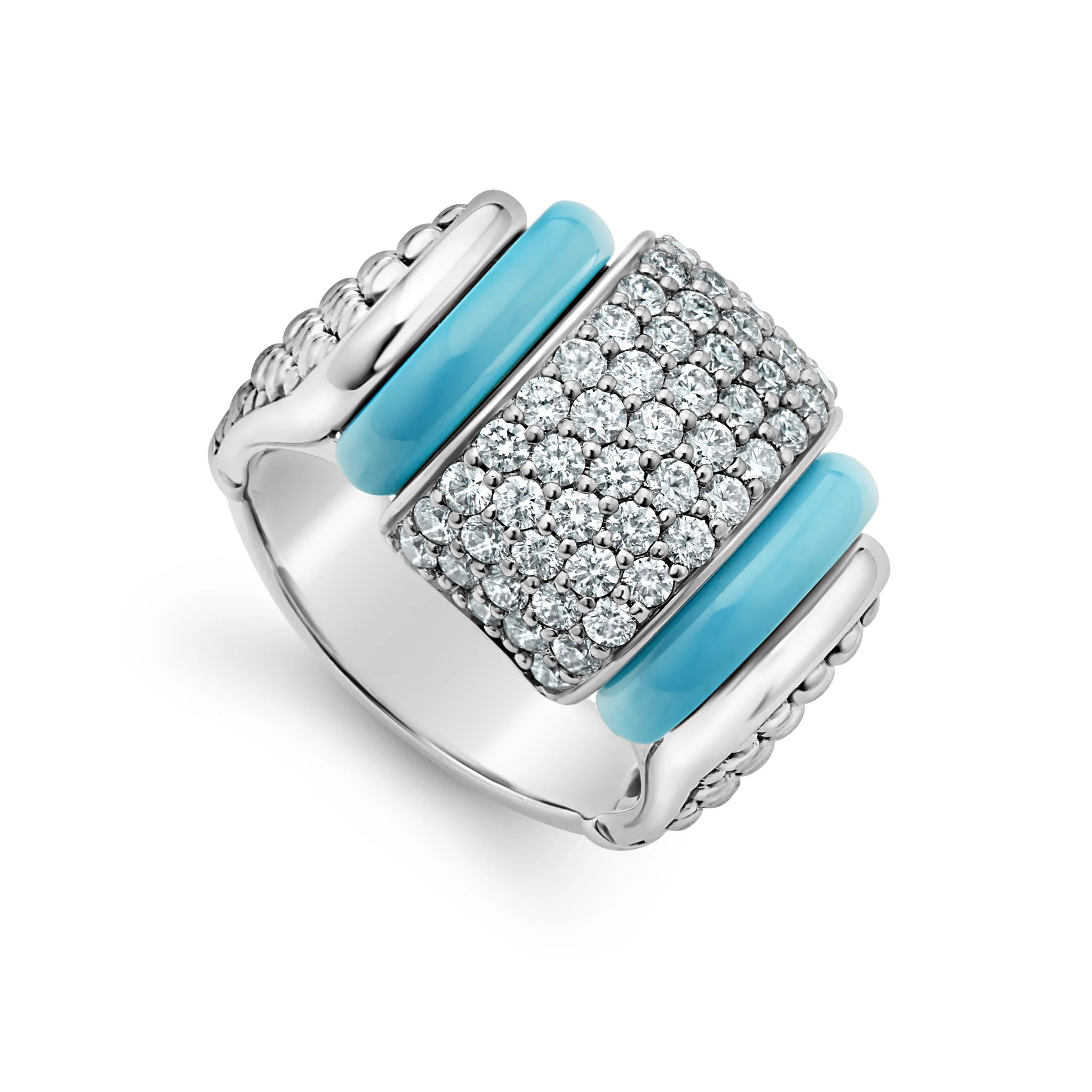 2 Smooth Square Wide Pave SS Blue Cav Ceramic Ring D1.20TW, Size 7