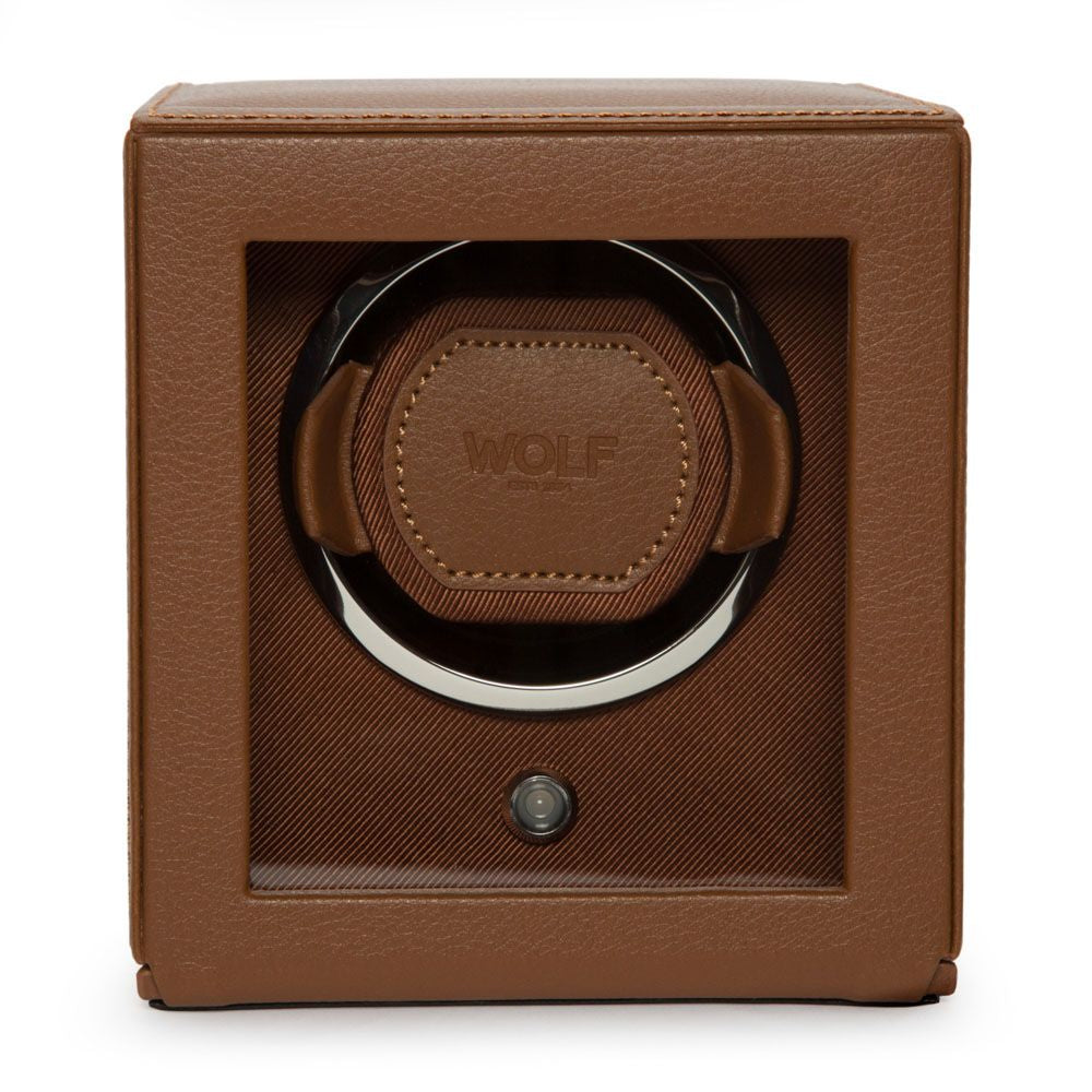 Wolf Cub Single Watch Winder with Cover in Cognac