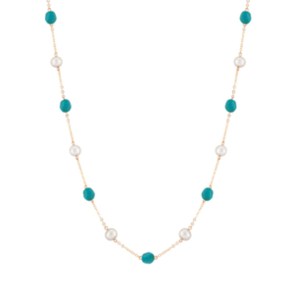 Exquisite 14k Gold Necklace with Freshwater Pearls and Turquoise Stones