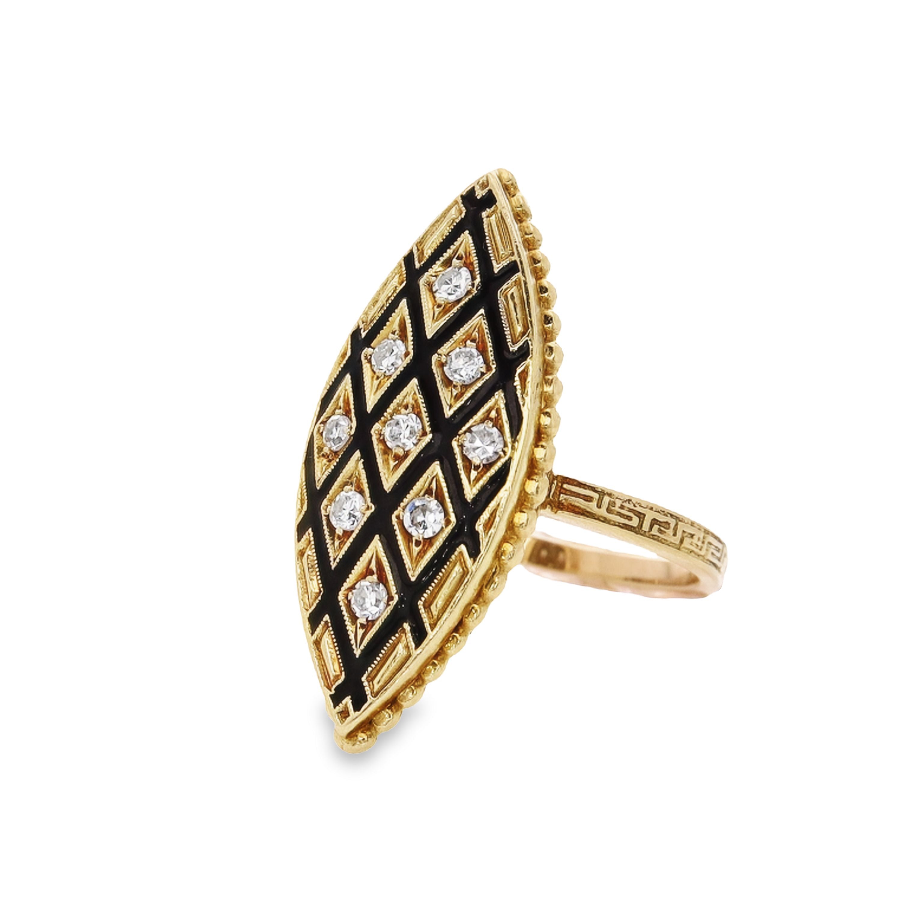 14k Yellow Gold Diamond & Black Enamel Marquise Cocktail Ring Size 7