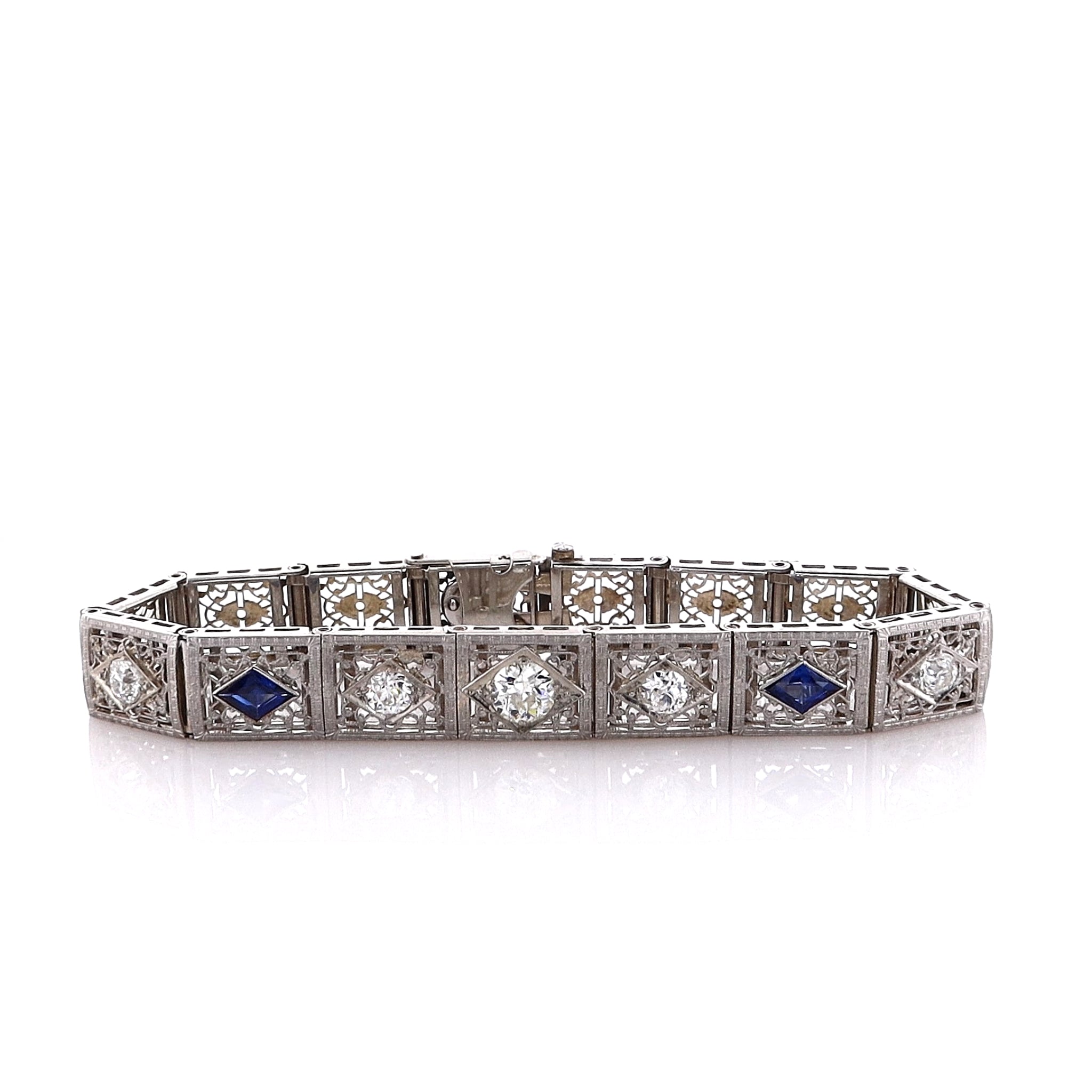 Luxurious Estate 14 Karat White Gold Diamond and Synthetic Sapphire Jewelry Bracelet