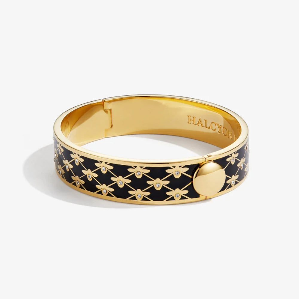 Halcyon Days 13mm Gold - Plated Enamel Hinged Bee Sparkle Trellis Design Jewelry Bangle