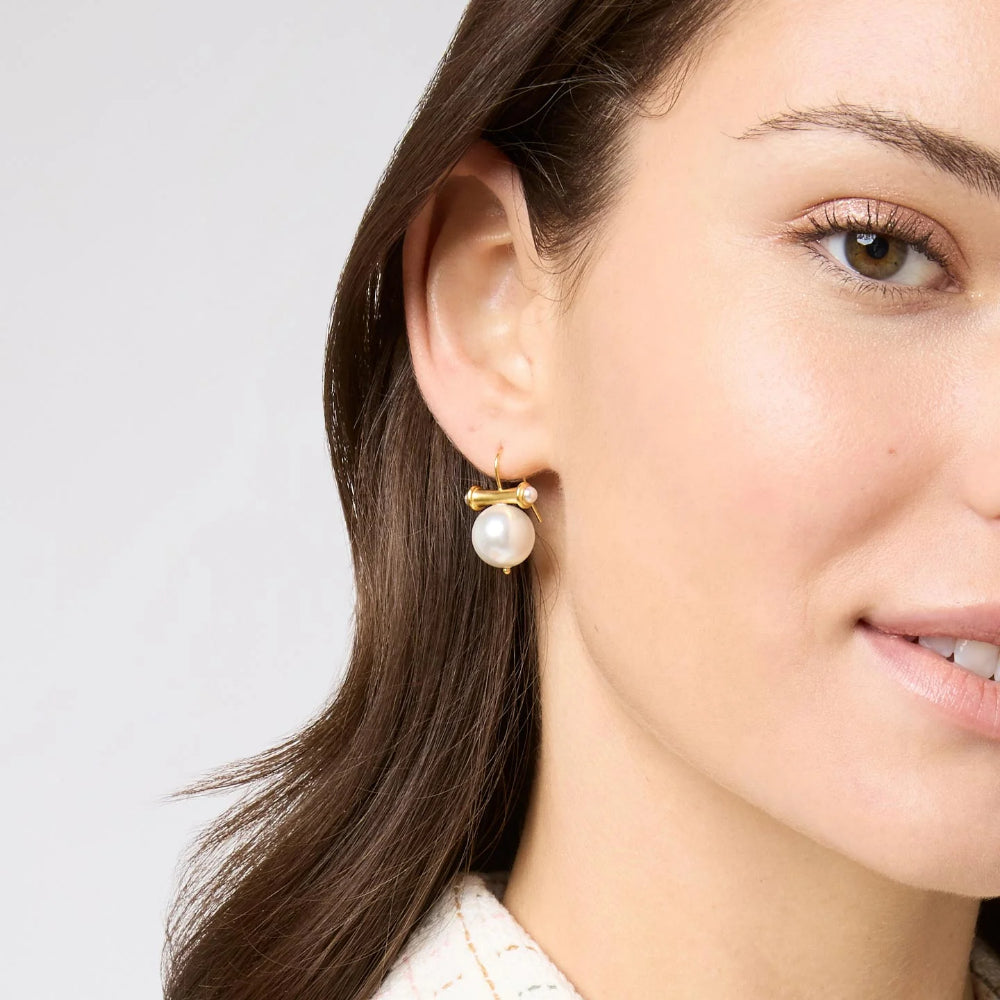 Julie Vos Golden Bamboo and Round Pearl Stud Earrings for Pierced Ears
