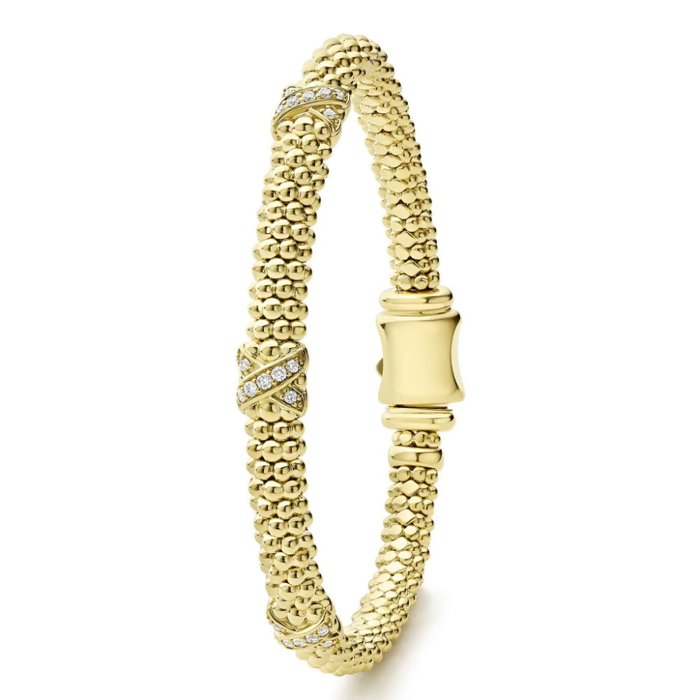 Lagos Embrace Luxury 18k Gold Three Station Diamond X Caviar Beaded Bracelet, 6mm Width