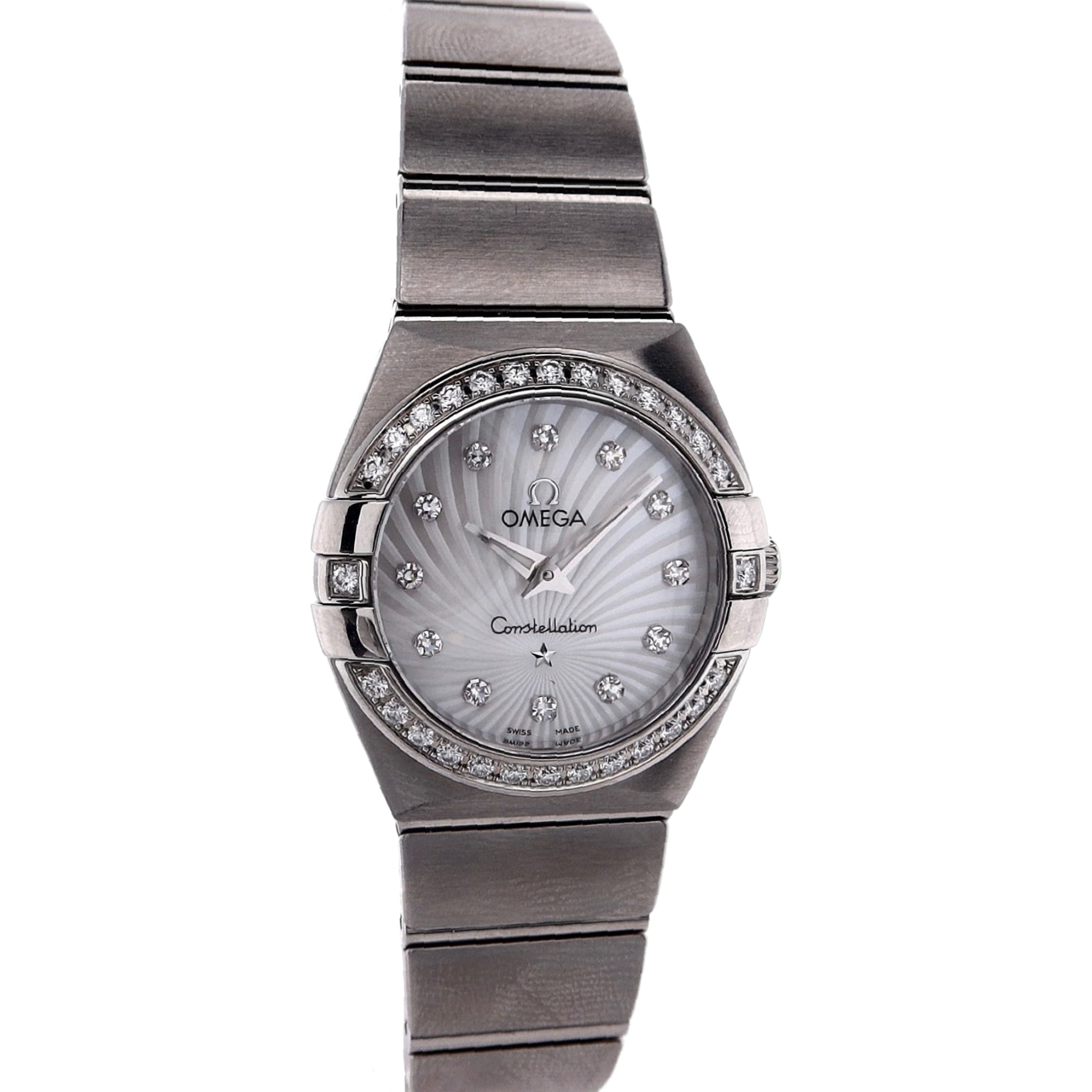 Omega Estate Stainless Steel Women's Constellation Watch with Textured Mother of Pearl and Diamond Dial