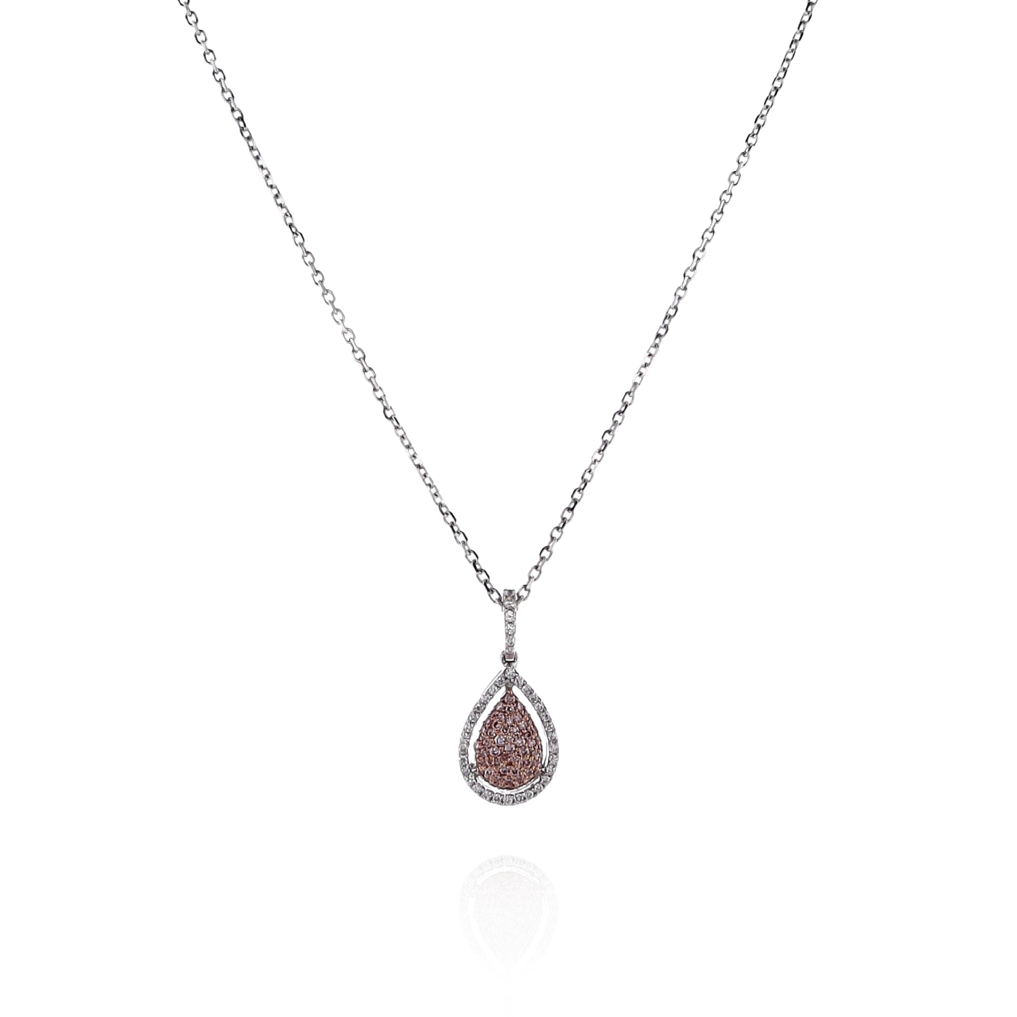 Exquisite 18k White Gold Pear - Shaped Pink and White Diamond Halo Style Pendant Necklace for Women