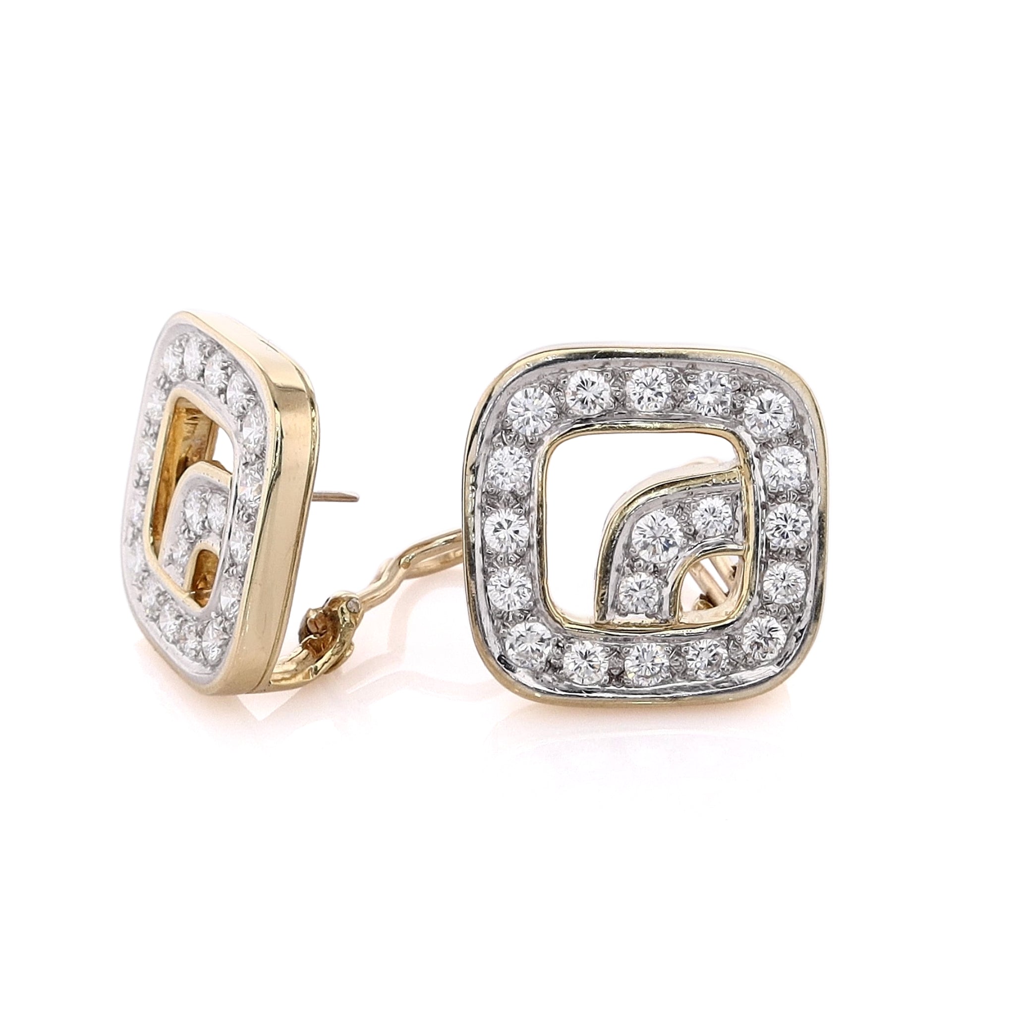 Exquisite Estate 18 Karat Two-Tone Open Square Shaped Diamond Stud Earrings for Women