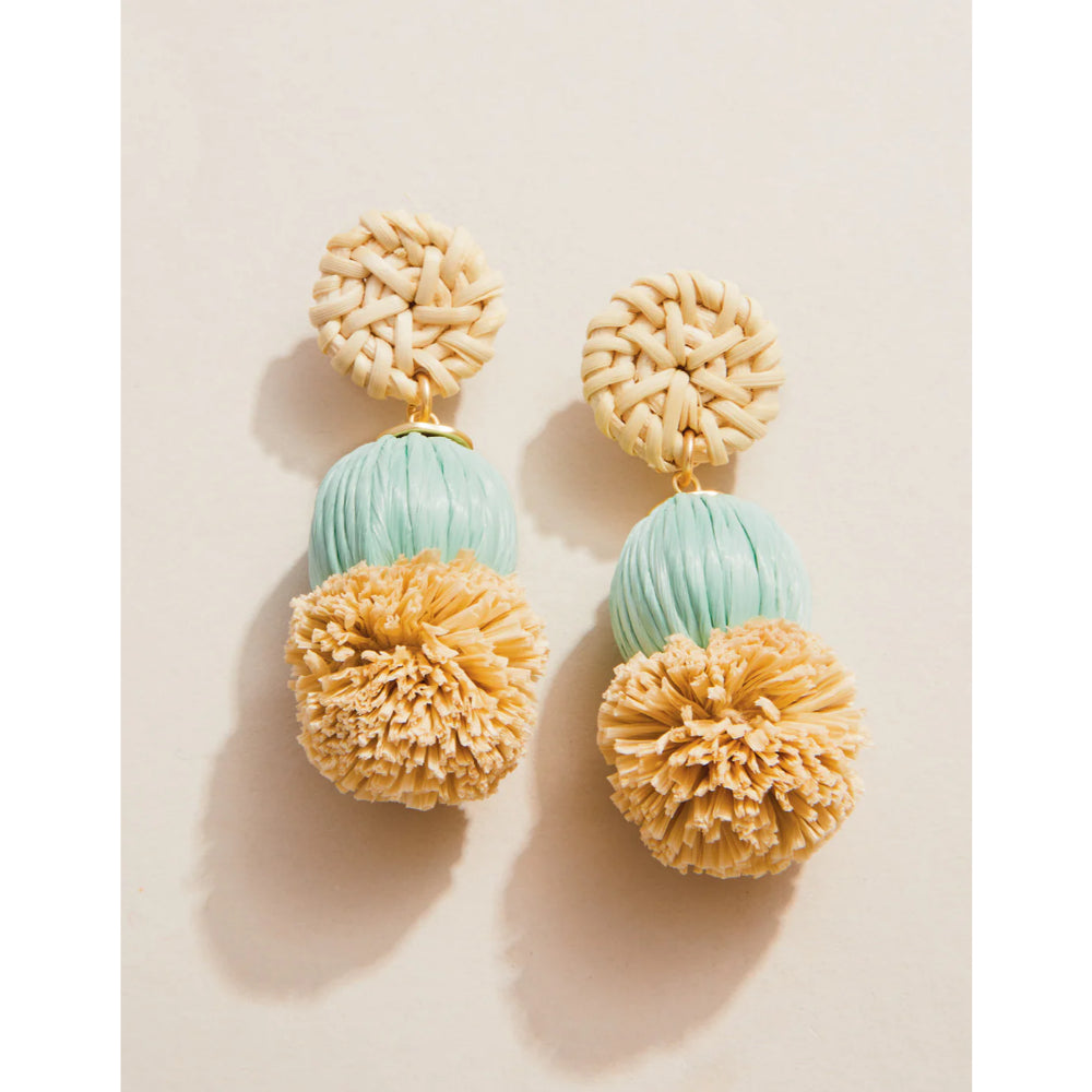 Stylish Spartina Sea Foam Colored Straw Pom Decorative Earrings