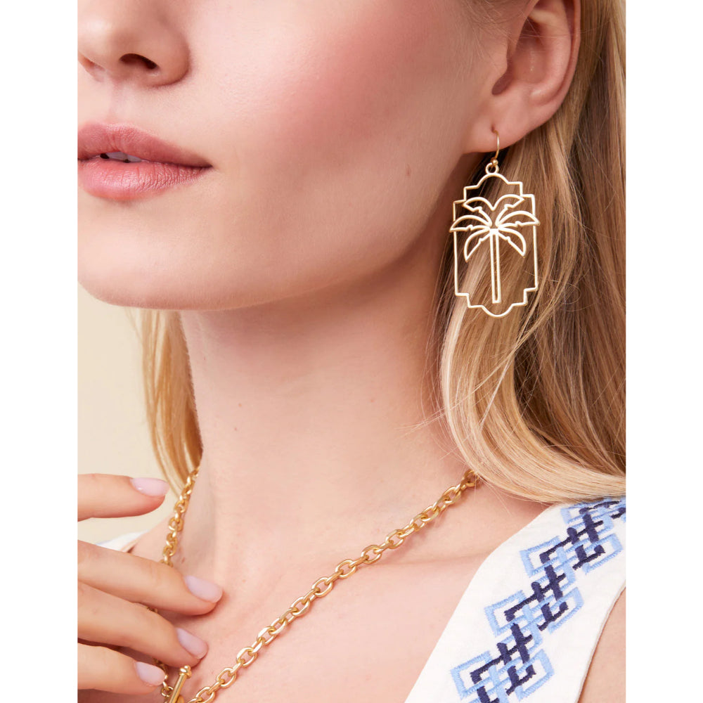 Lightweight 18kt Matte Gold Palm Geo Drop Earrings for Resort Style