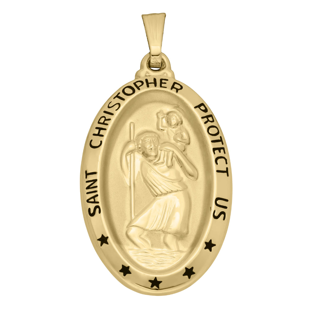 14k Yellow Gold Oval Embossed St. Christopher Medal with Black Ink