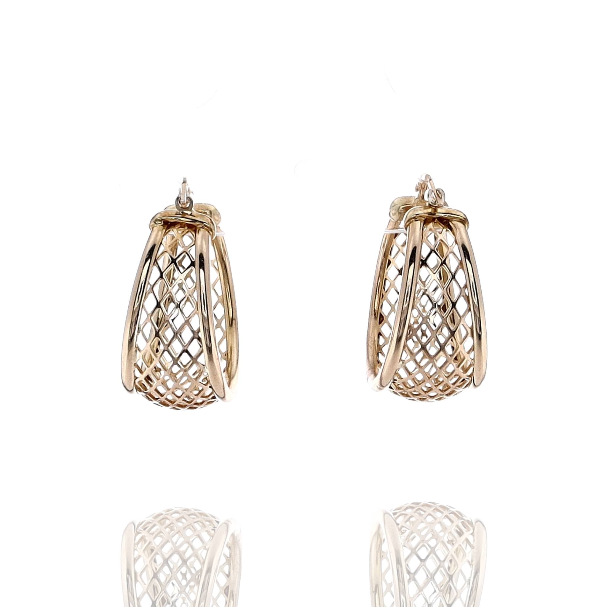 Elegant Estate Style 14k Yellow Gold Hoop Earrings with Tapered Lattice Center Design