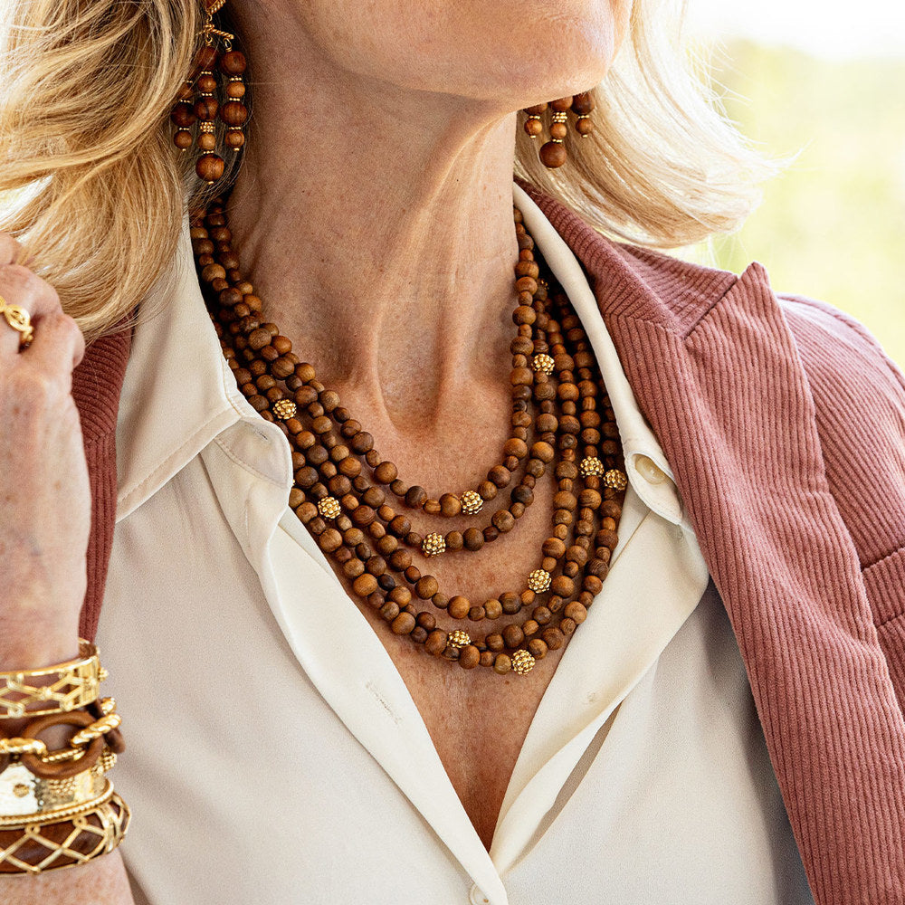 Capucine de Wulf Handmade 5-Strand Earth Goddess Teak Bead Necklace for a Stunning Statement