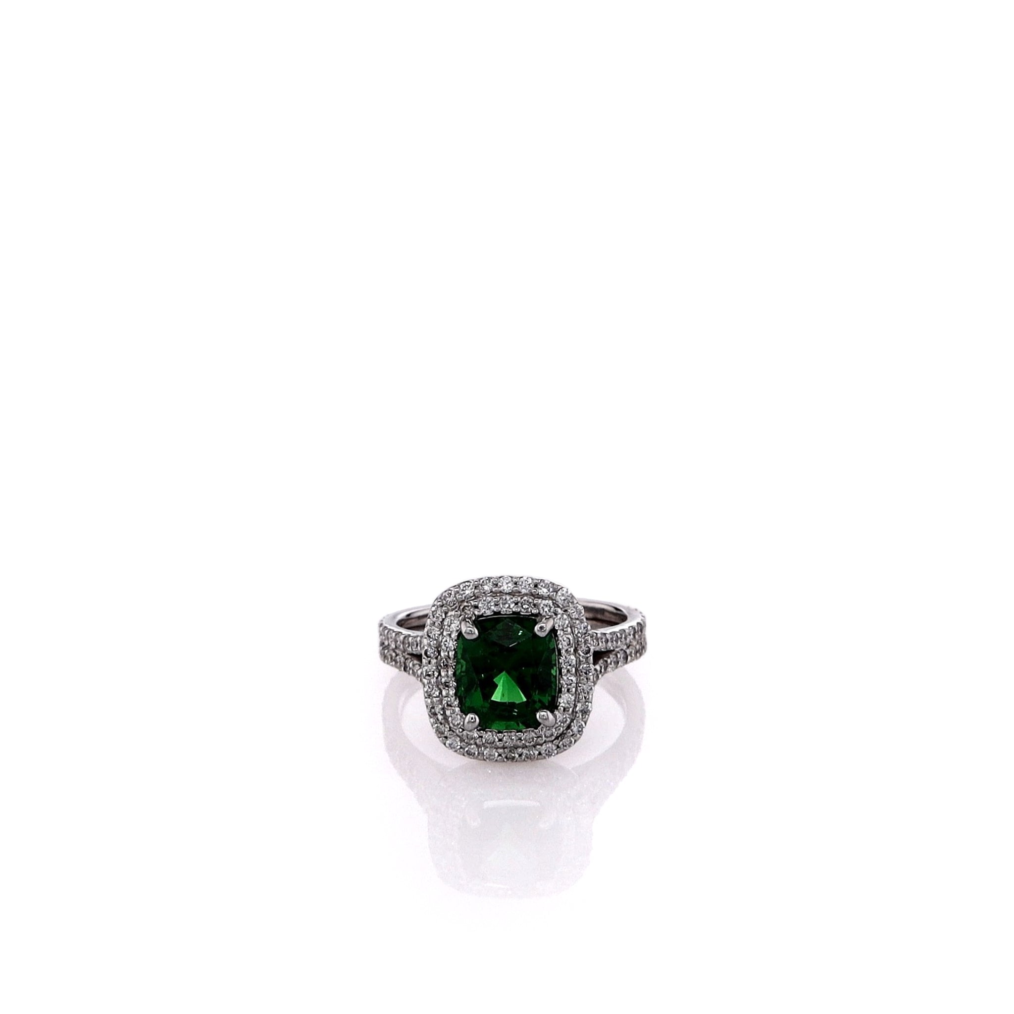 14k White Gold Double Halo Ring with Tsavorite Chips and Diamonds
