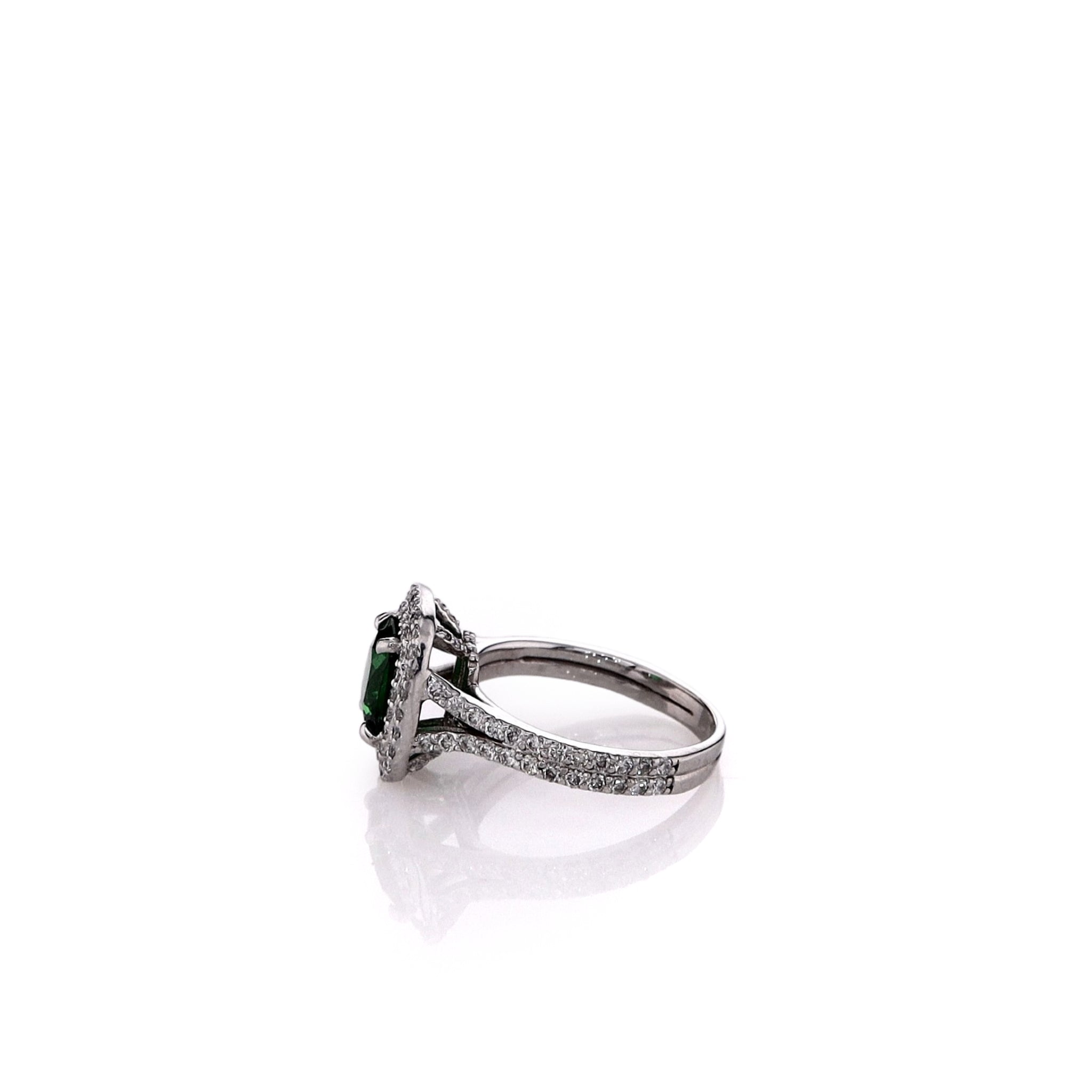 14k White Gold Double Halo Ring with Tsavorite Chips and Diamonds