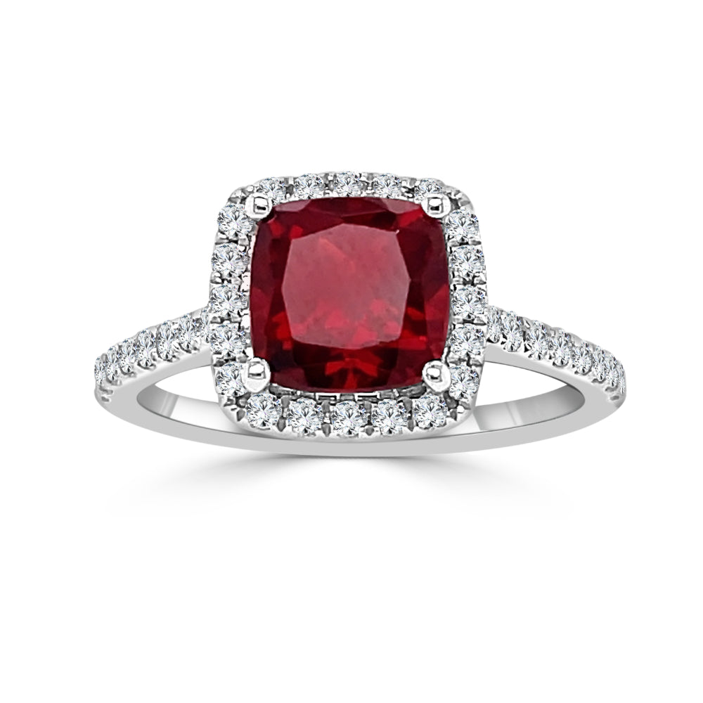 Stunning 14k Gold 7mm Cushion Cut Garnet and Diamond Engagement Ring