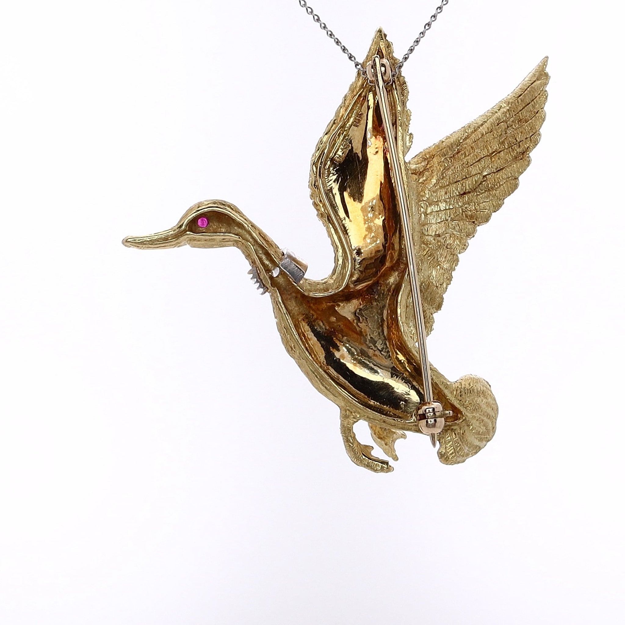 Estate 18 Karat Yellow Gold and Platinum Mallard Duck Pin Adorned with Diamonds and a Ruby