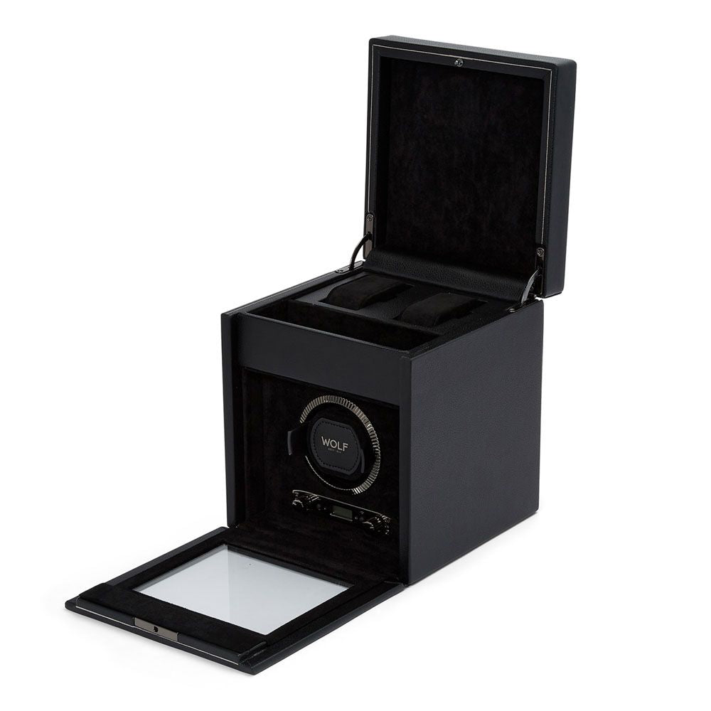 Wolf Designs Black Single Watch Winder with Storage - British Racing Style