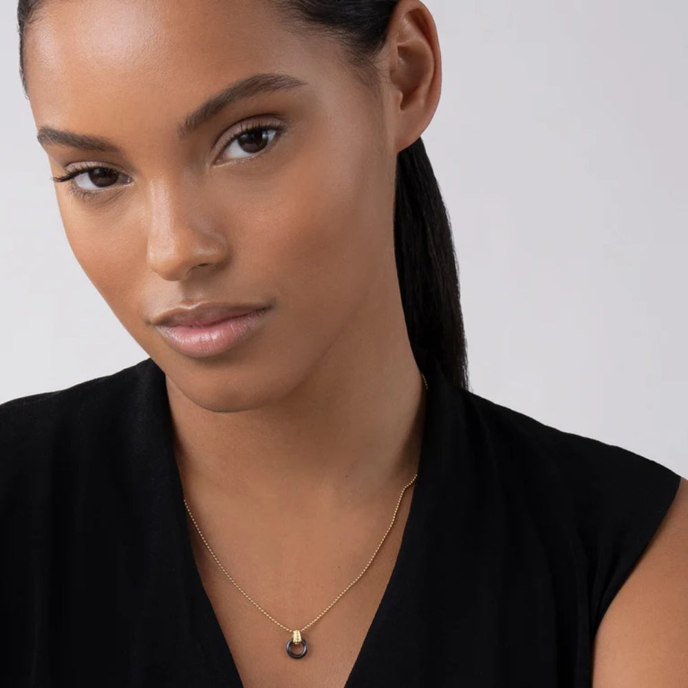 18k Gold Lagos Meridian Black Ceramic Circular Pendant Necklace