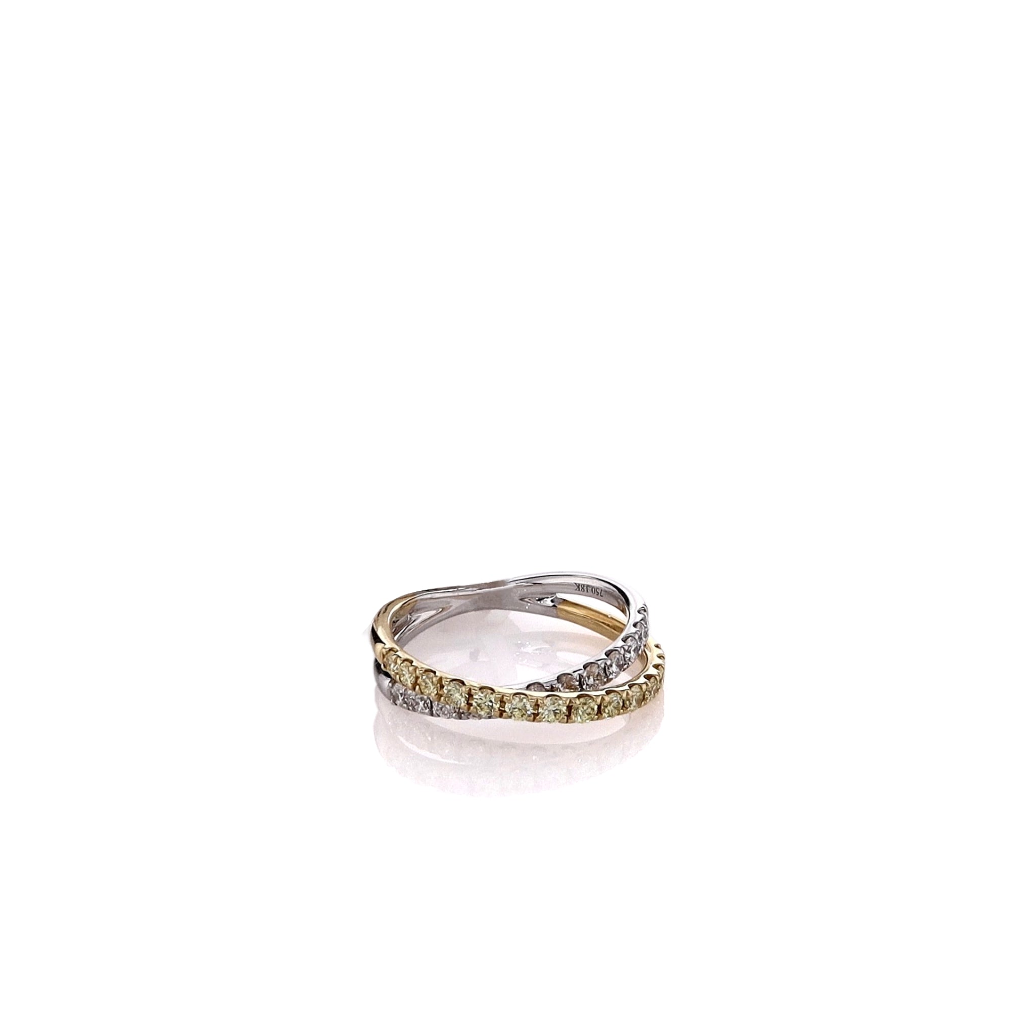 18k Yellow and White Two - Tone Diamond Cross - over Ring with Prong - Set Design