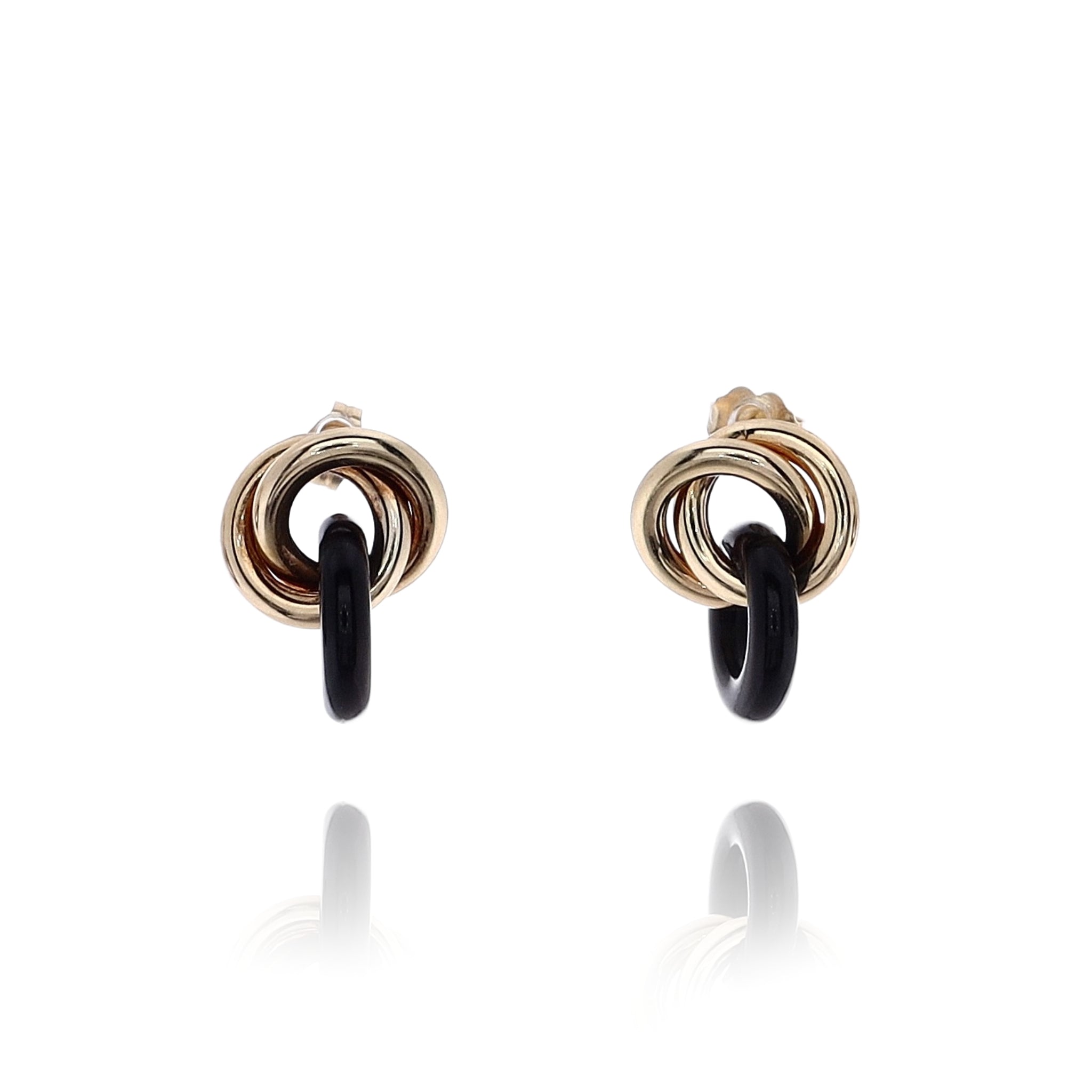 Exquisite Estate 14k Yellow Gold Stud Earrings with Love Knot Design and Round Onyx Accents
