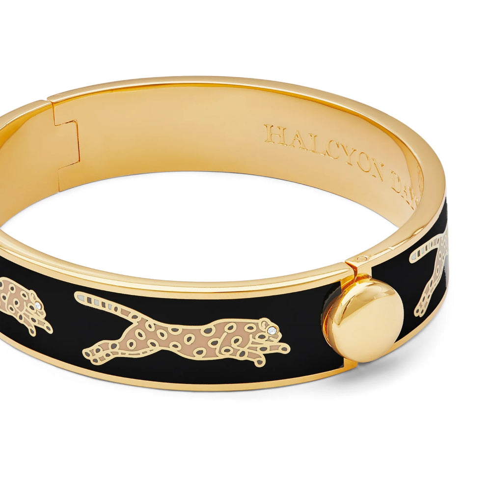 Halcyon Days Black and Gold Leopard Pattern 13mm Hinged Luxury Bangle Bracelet