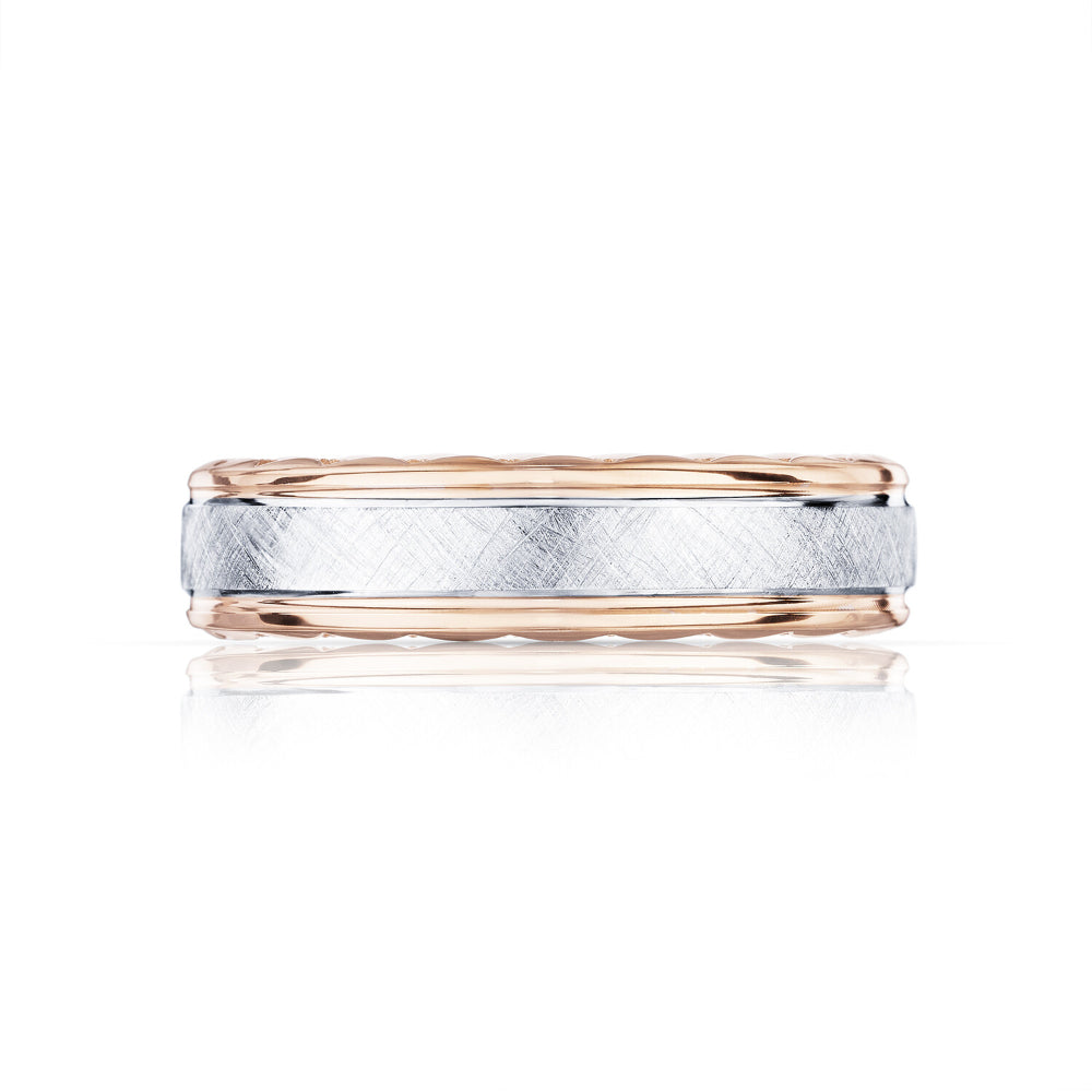 Tacori Classic 18k Gold Wedding Band with Brushed Center and Polished Rose Gold Edges, 6mm Width