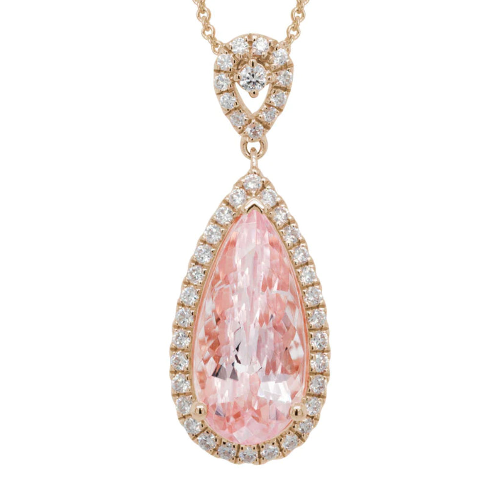 Exquisite 14k Rose Gold Pendant with Pear - shaped Morganite and Round Diamonds