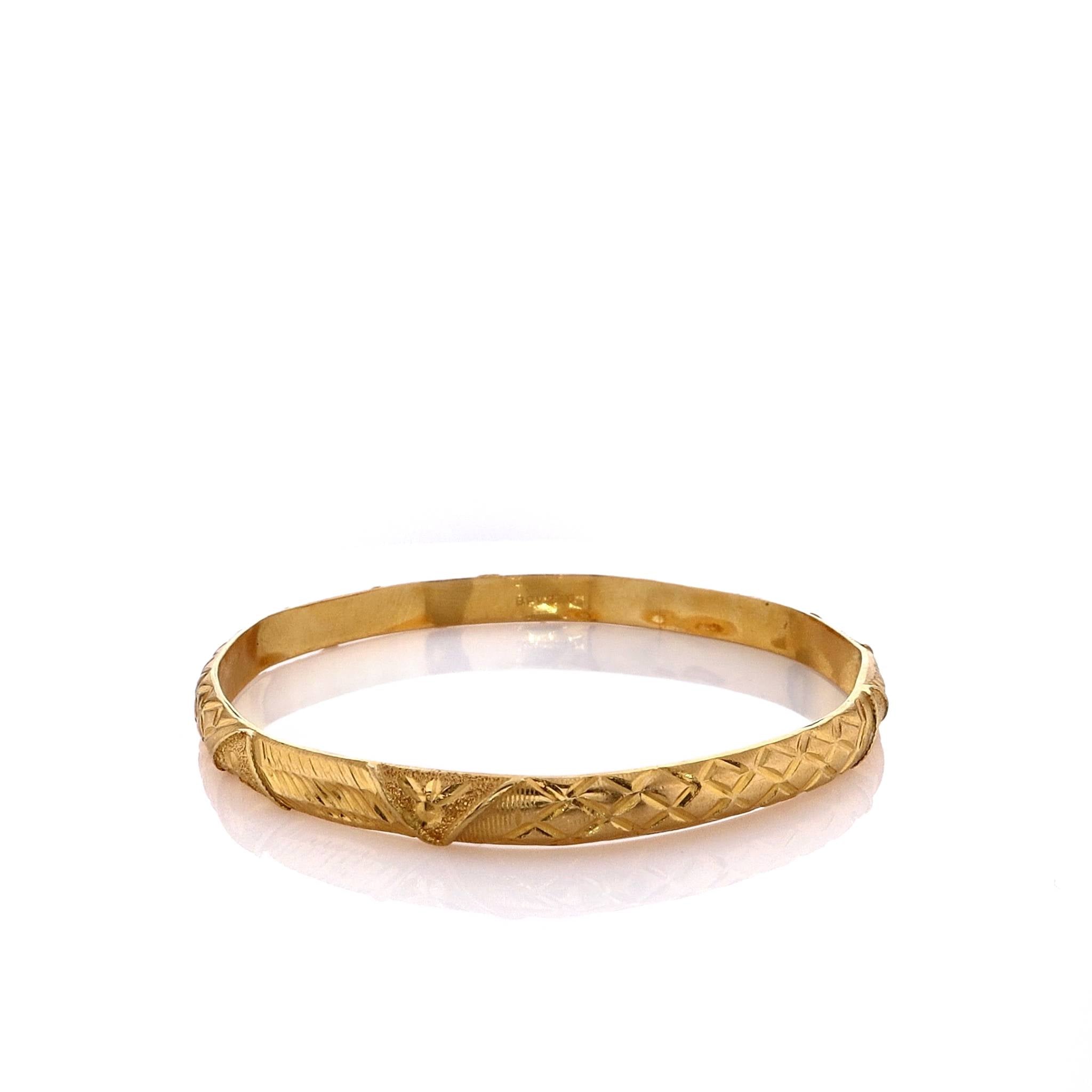 22k Yellow Gold Slip - On Bangle Bracelet with Engraved X and Diagonal Lines
