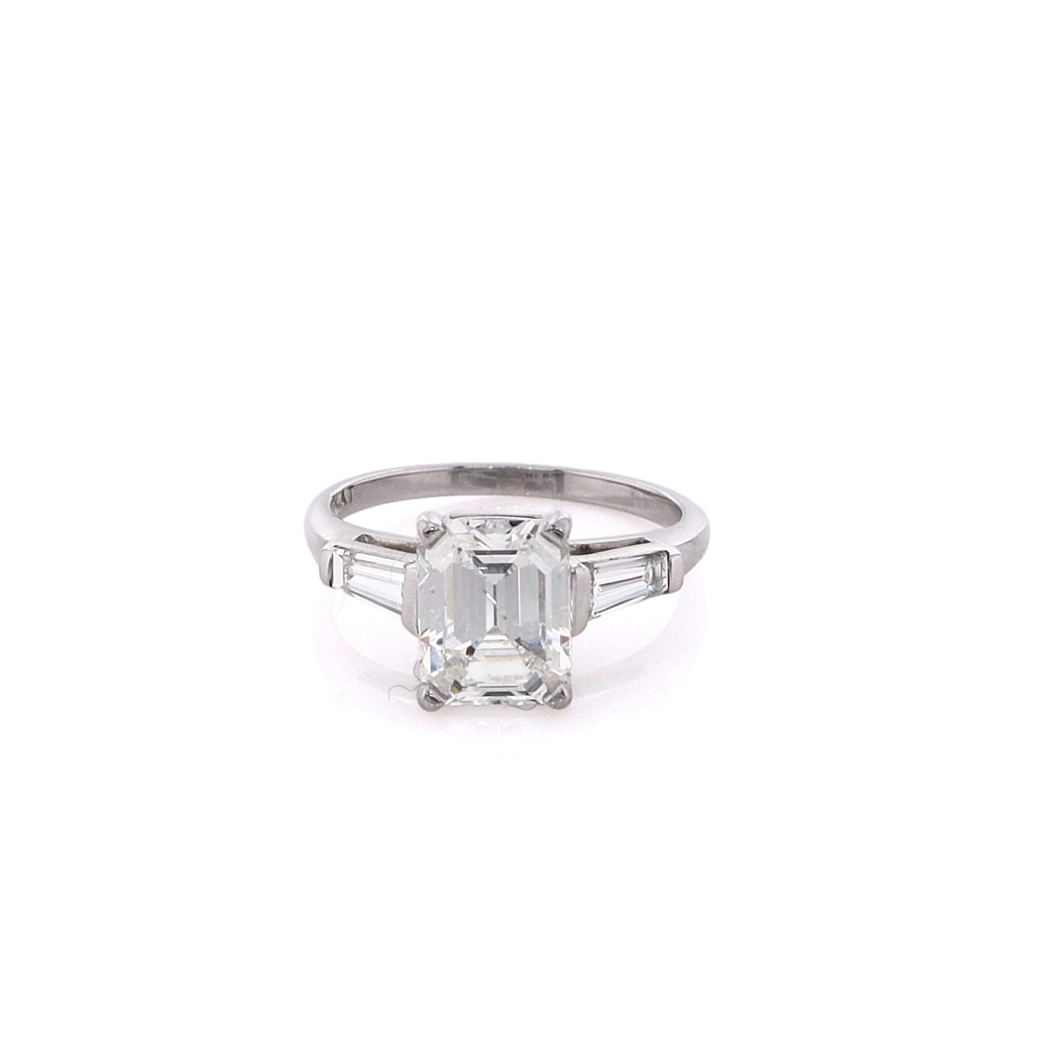 Exquisite Estate Platinum Diamond Engagement Ring Featuring a GIA Certified Emerald Cut Diamond #5231235374 and Two Tapered Baguette Diamonds