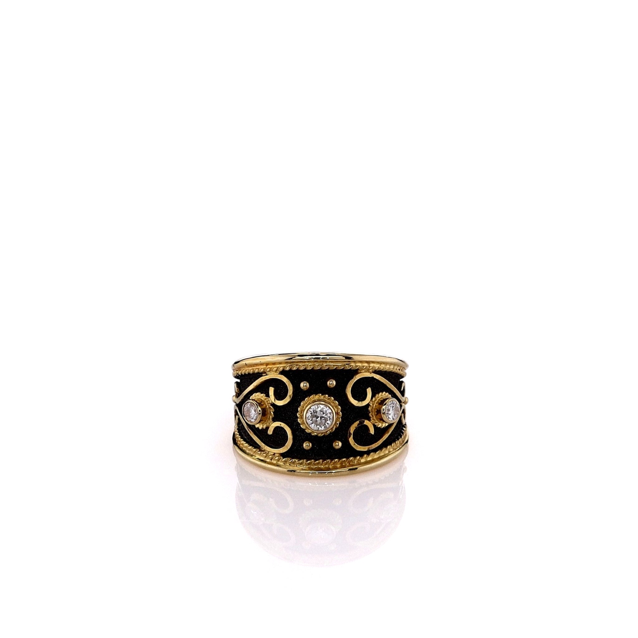 18k Yellow Gold Tapered Bezel-Set Diamond Ring with Darkened Design