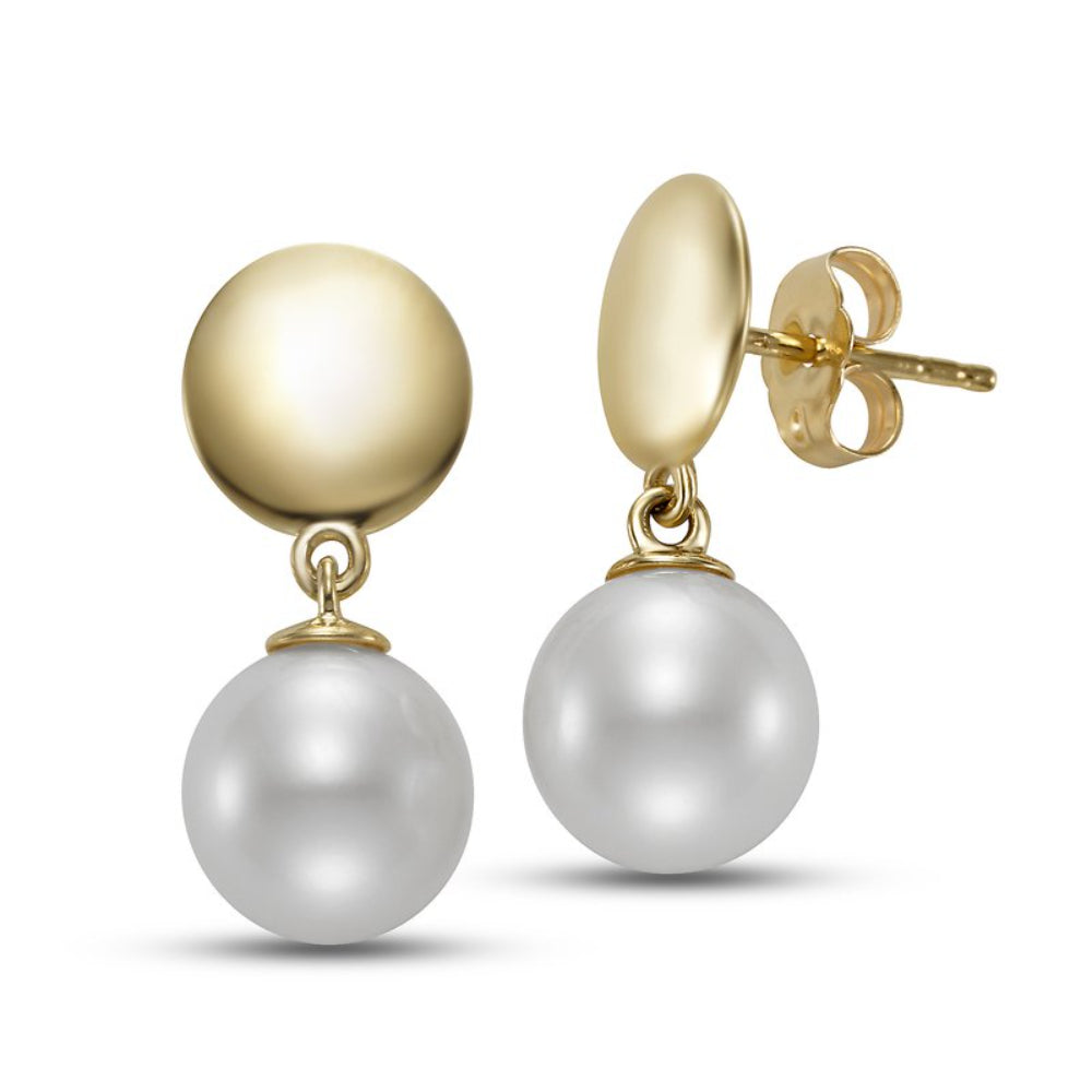 Stunning 14k Gold Freshwater Pearl Drop Earrings with 8.5 - 9.0 mm Pearls
