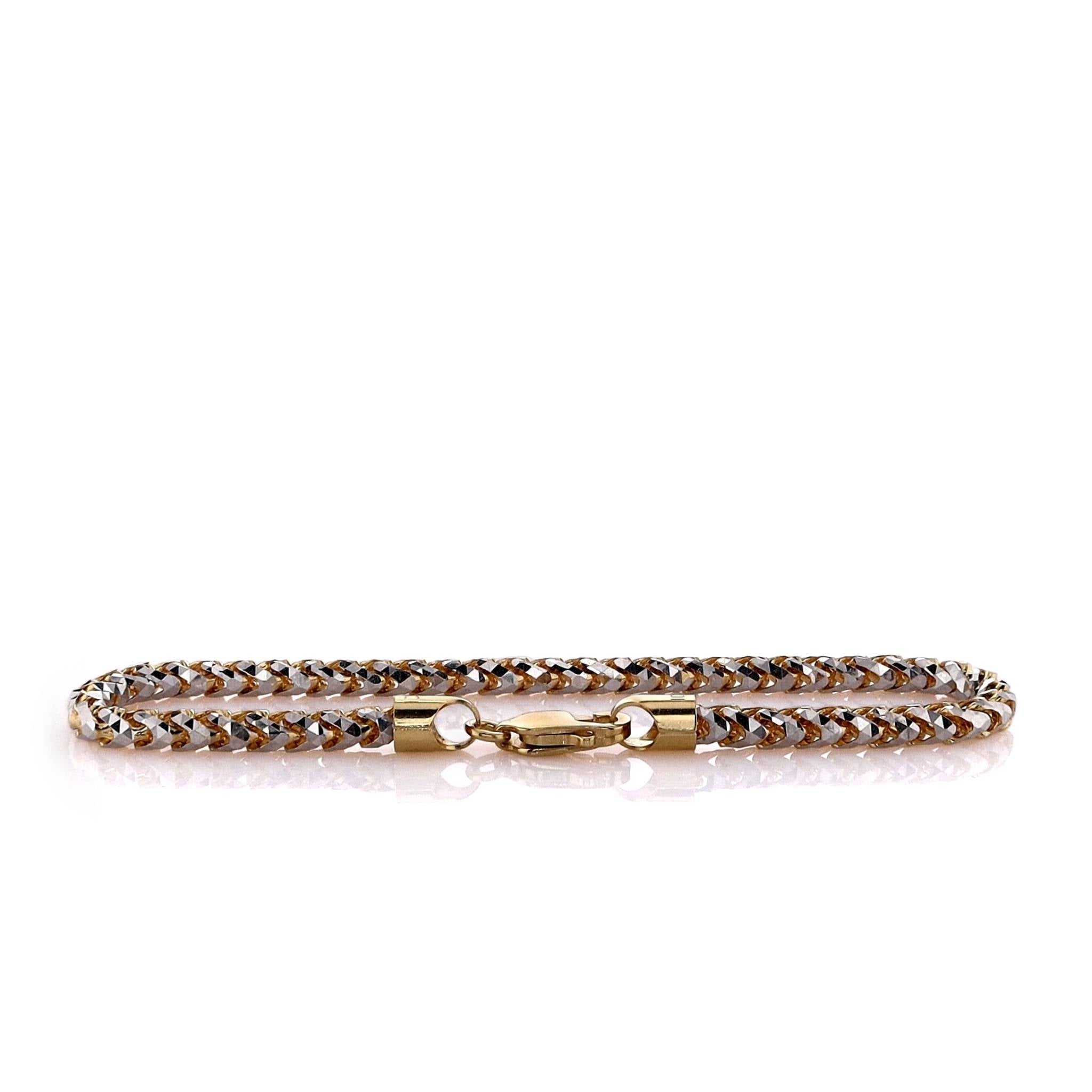 14k Gold Two-Tone Franco Link Chain Bracelet with 8 Diamond Cuts