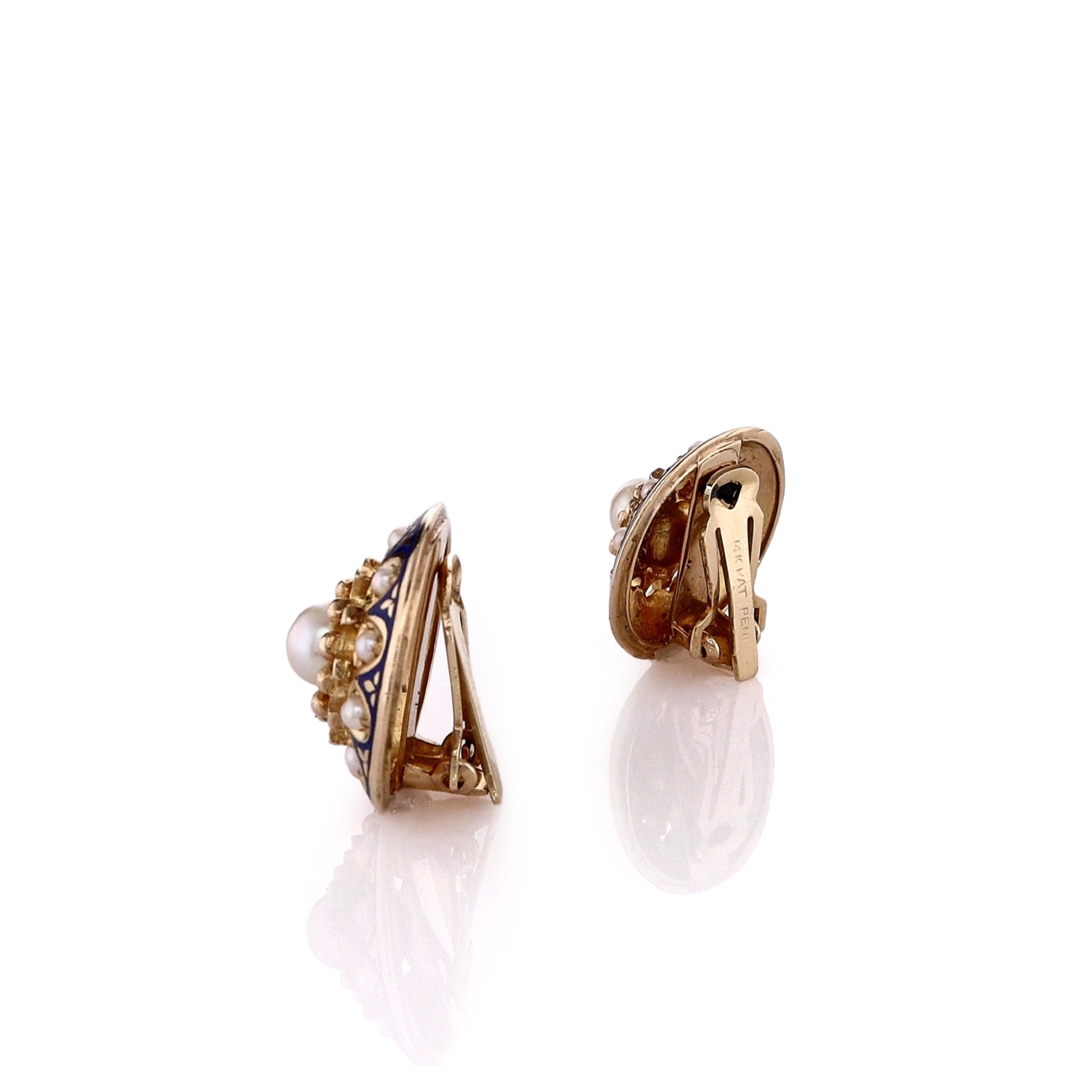 14k Yellow Gold Clip-On Stud Earrings with Pearl and Blue Enamel