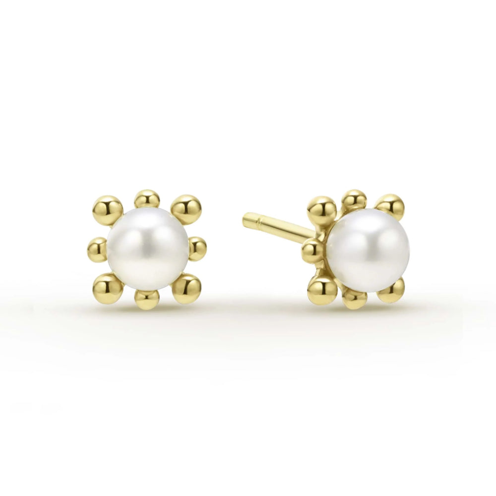 Lagos Luna 18k Gold Floral Pearl Stud Earrings with 4mm Pearls
