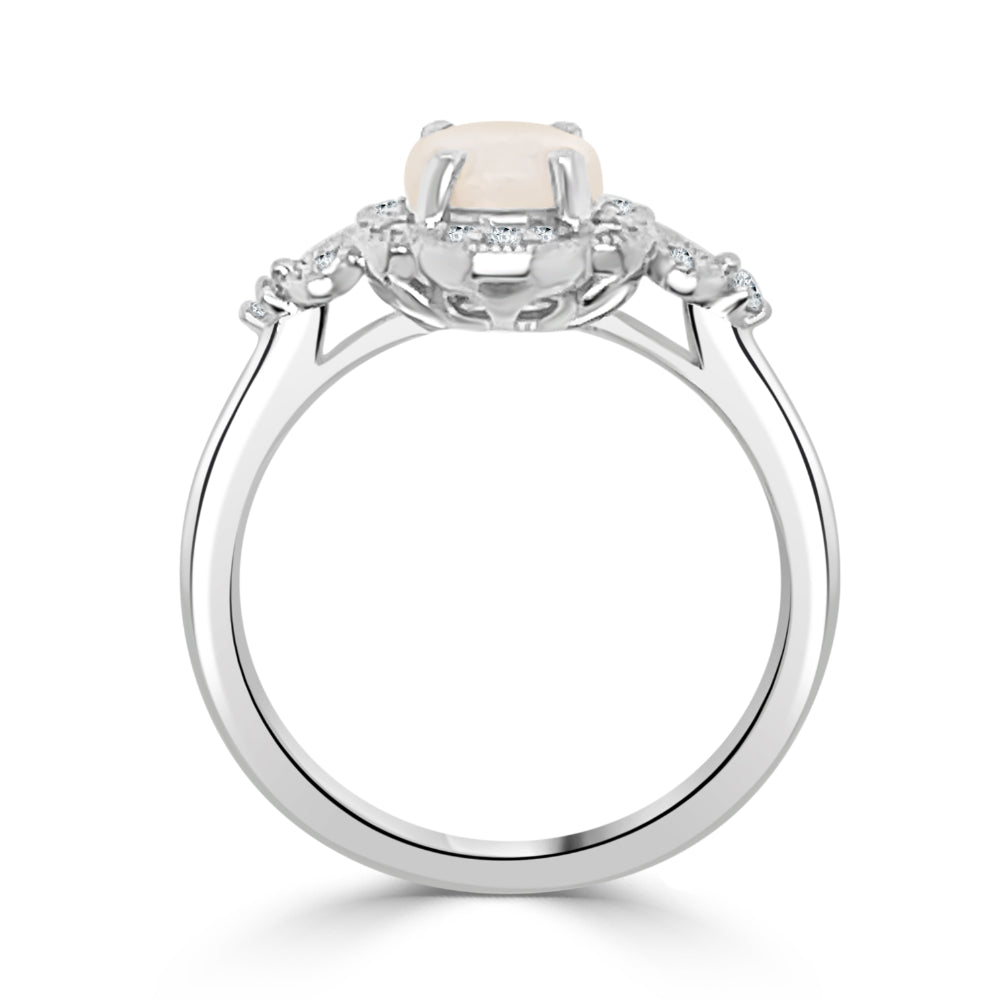 Exquisite 14k Gold Oval Opal Floral Design Engagement Ring with 8x6mm Oval Opal and 20 Round Brilliant Cut Diamonds