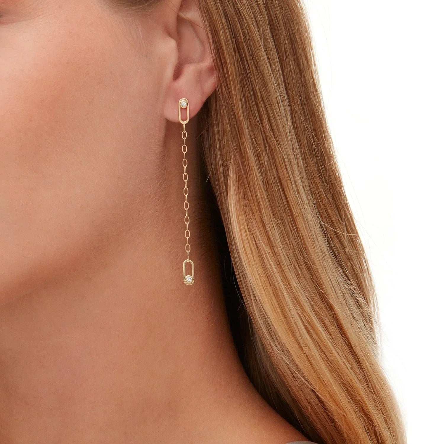 14k Yellow Gold Diamond Drop Stud Earrings with Chain Dangles