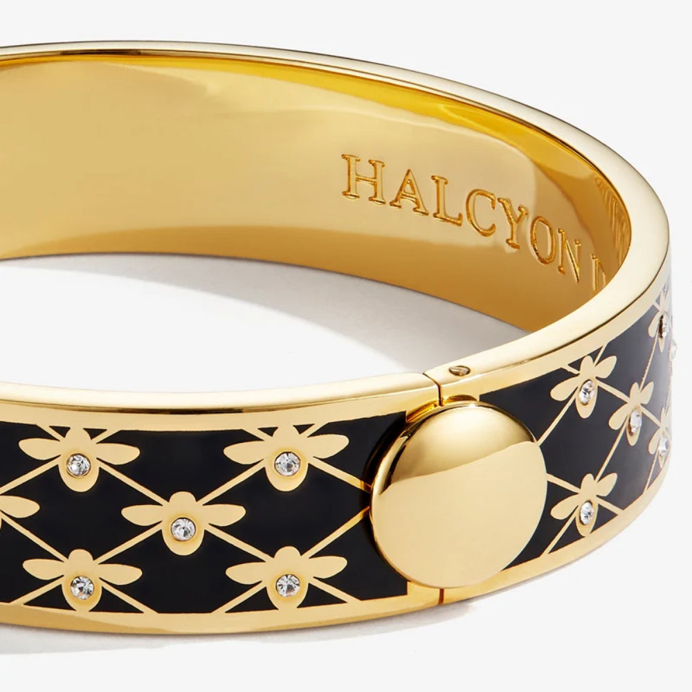 Halcyon Days 13mm Gold - Plated Enamel Hinged Bee Sparkle Trellis Design Jewelry Bangle