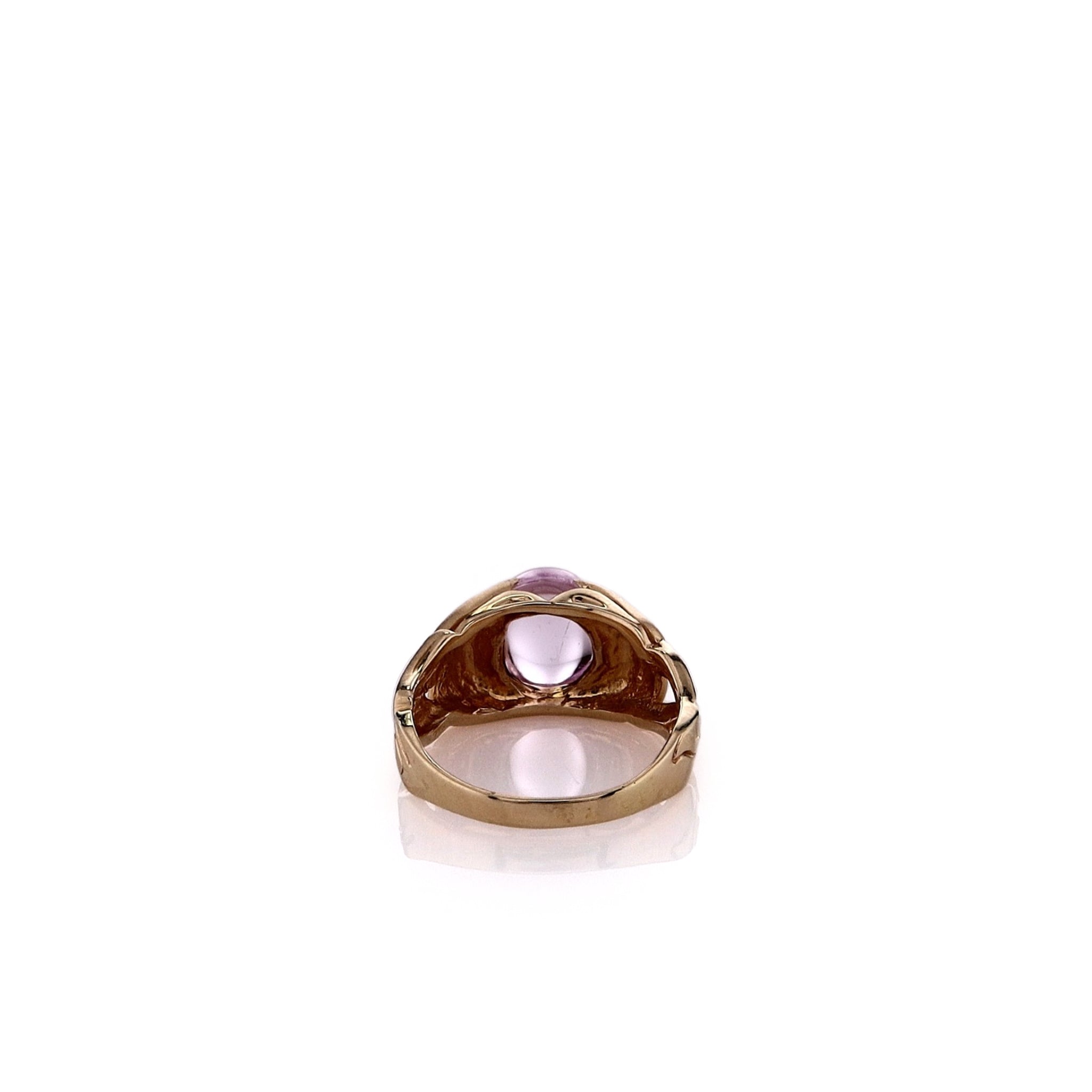 Elegant 14k Yellow Gold Floral Shank Design Pink Oval Cabochon Kunzite Engagement Ring