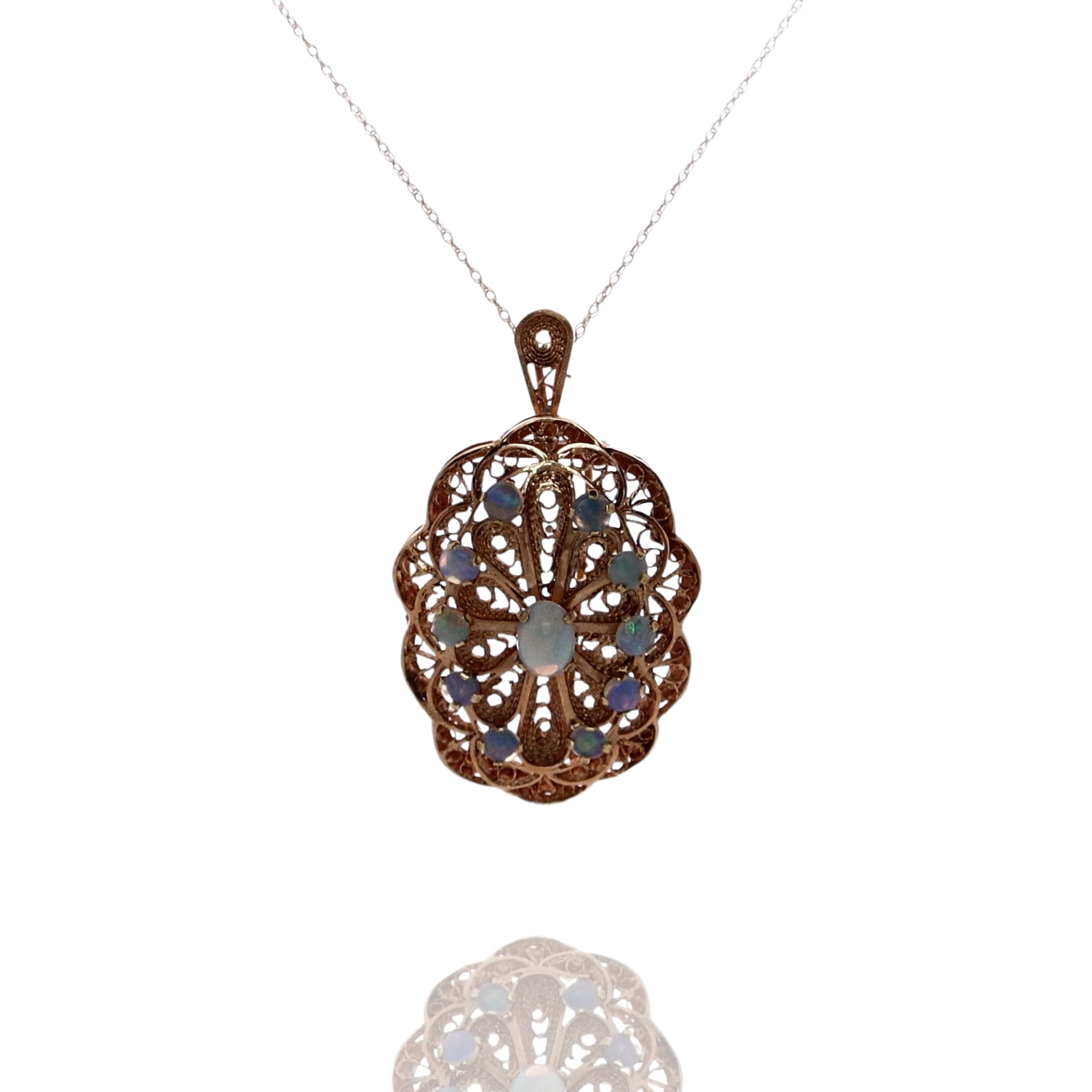 14k Yellow Gold Necklace with 1 Oval and 10 Round Opals as Pin/Pendant