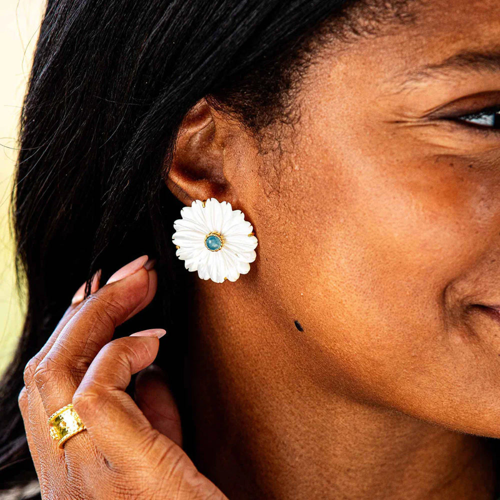 Exquisite Capucine de Wulf Mermaid Garden Flower-Inspired Stud Earrings Crafted from Mother of Pearl and Ocean Jade