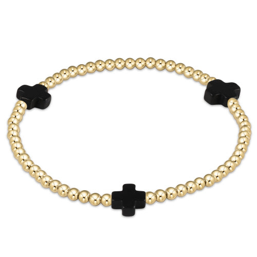 Enewton Signature 7.25-inch Extended Cross Gold Pattern 3mm Bead Onyx Bracelet for Stylish Wear