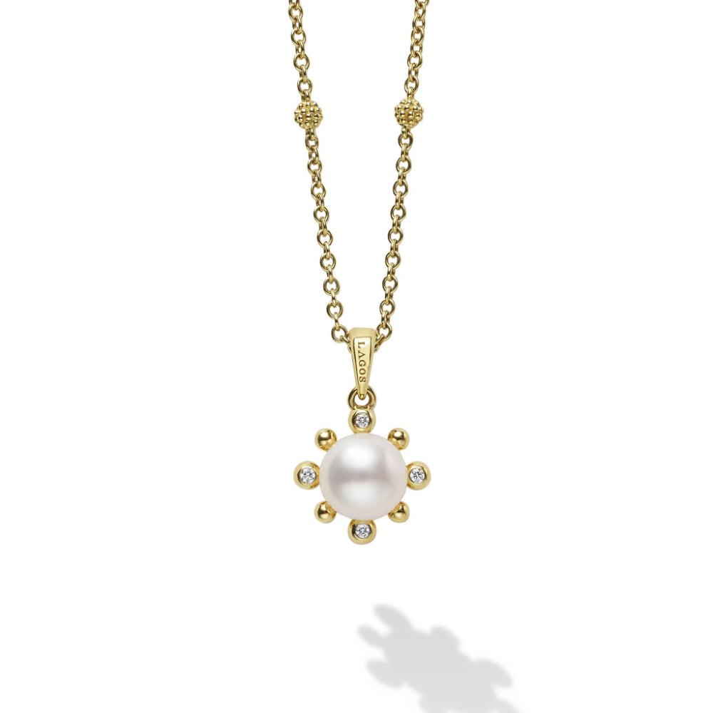 18k Gold Lagos Luna Pearl & Diamond Fleur Pendant Necklace