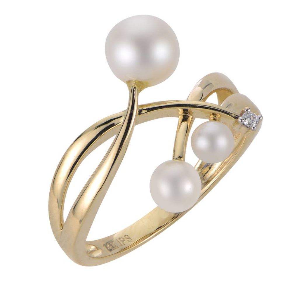 Gorgeous 14k Gold Ring Adorned with Freshwater Pearls and 0.15ct Diamonds