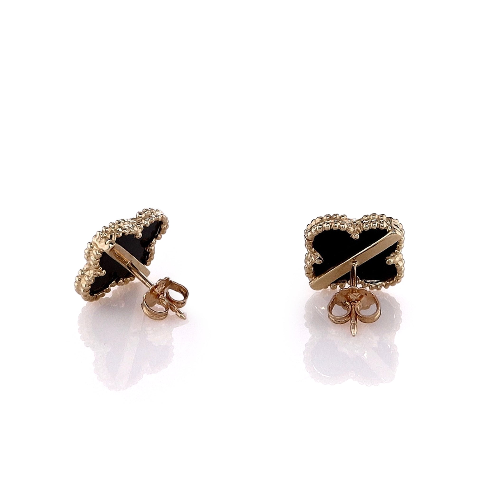 Stylish 14k Yellow Gold Beaded - Bordered Black Onyx Clover - Shaped Stud Earrings for Fashion Lovers